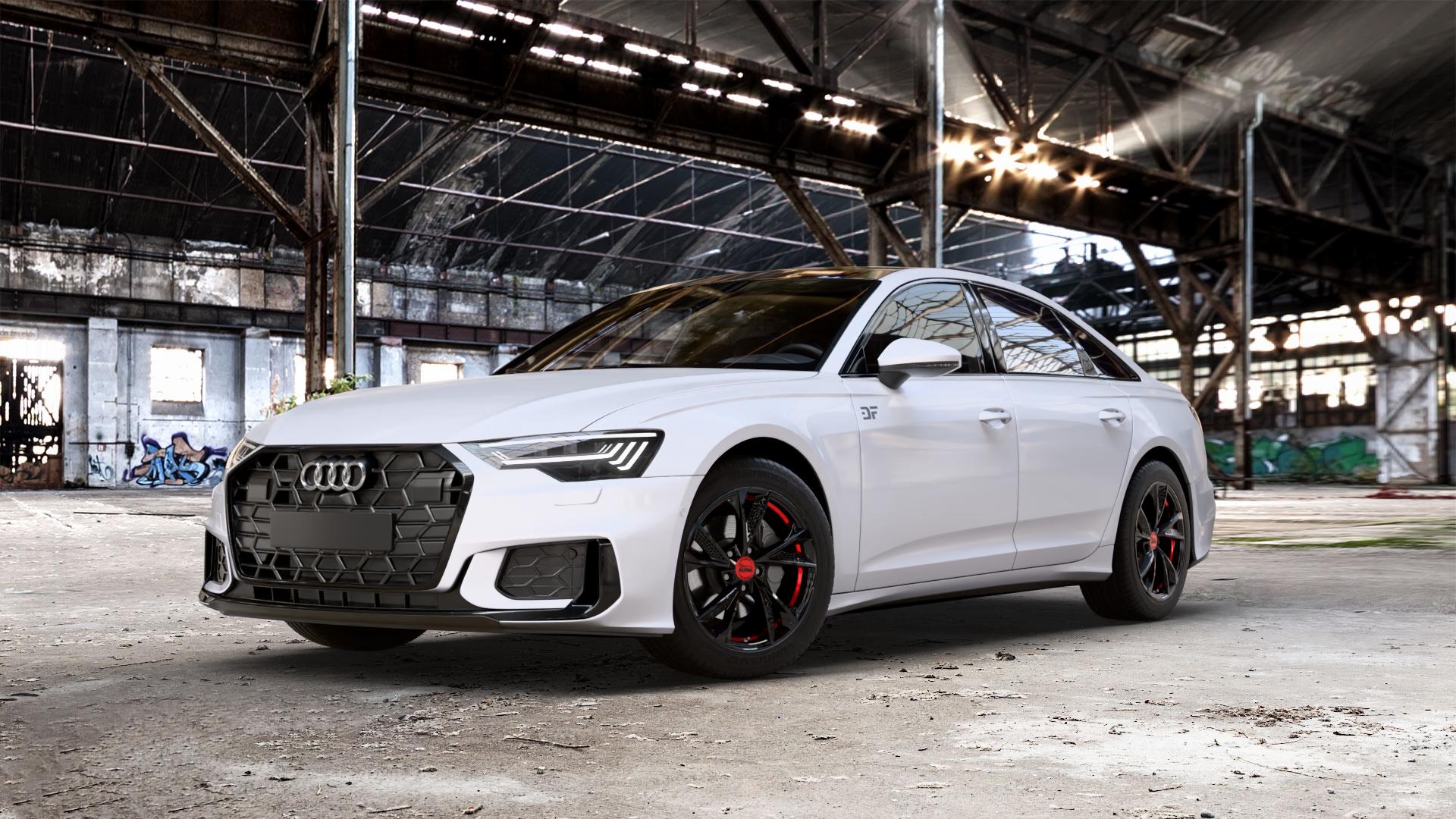 MAM RS6 BLACK PAINTED RED INSIDE Felge mit Reifen schwarz rot mehrfarbig in 18Zoll Winterfelge Alufelge auf weissem Audi A6 Typ F2/C8 (Limousine) Facelift ⬇️ mit 15mm Tieferlegung ⬇️ Old Industrial Hall_max_5300mm_2024 Frontansicht_1