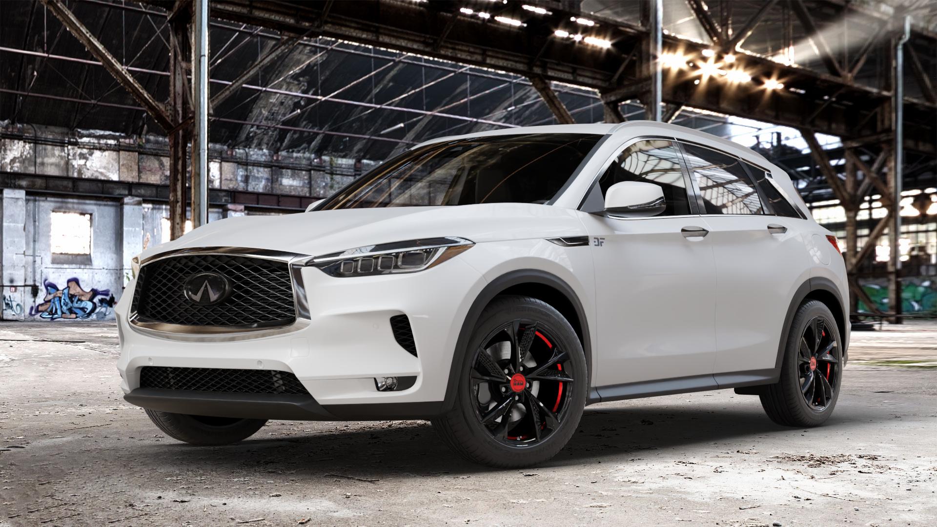 MAM RS6 BLACK PAINTED RED INSIDE Felge mit Reifen schwarz rot mehrfarbig in 18Zoll Winterfelge Alufelge auf weissem Infiniti QX50 Q ⬇️ mit 15mm Tieferlegung ⬇️ Old Industrial Hall_max_4400mm_2024 Frontansicht_1