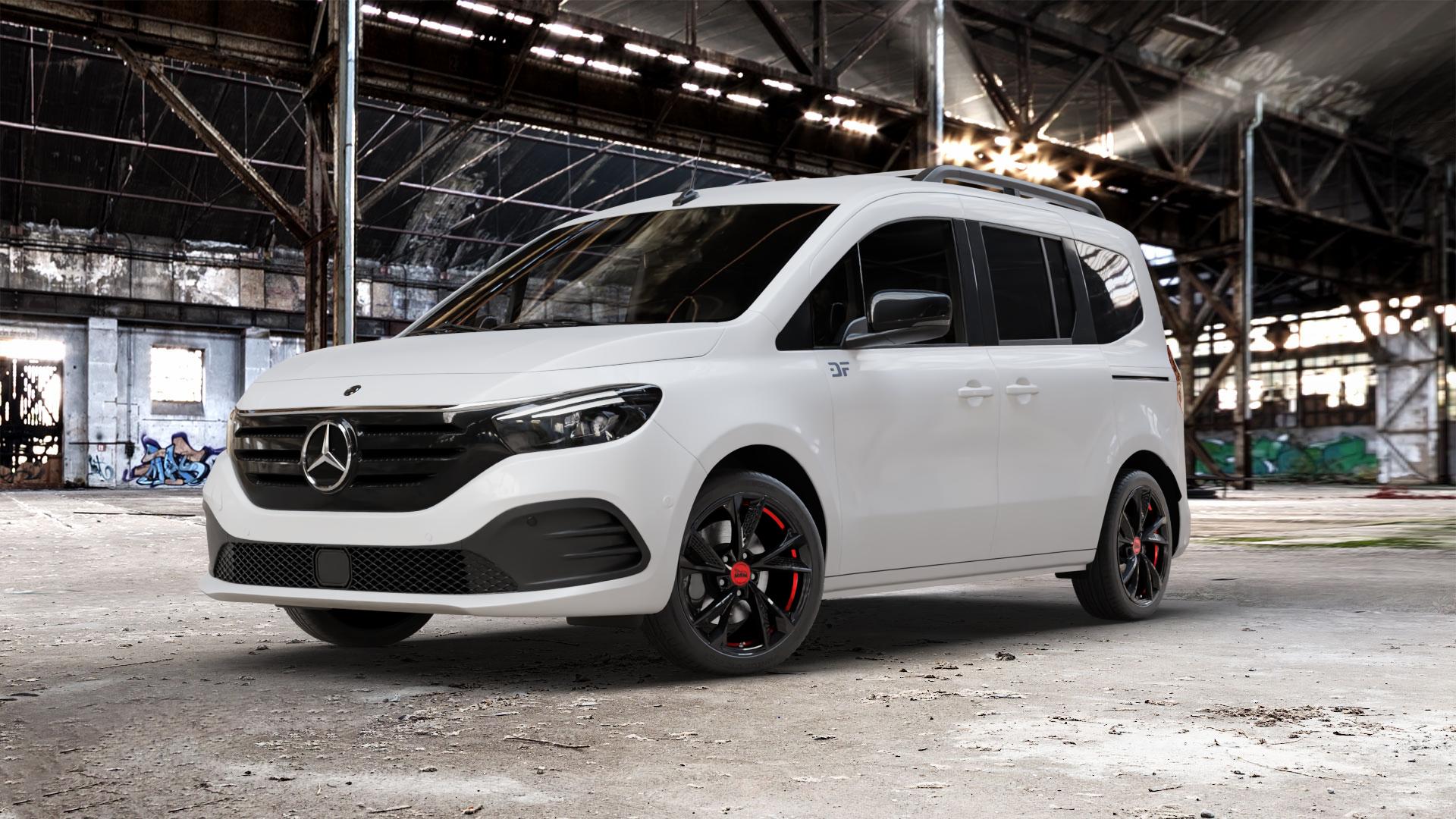 MAM RS6 BLACK PAINTED RED INSIDE Felge mit Reifen schwarz rot mehrfarbig in 18Zoll Winterfelge Alufelge auf weissem Mercedes EQT Typ MFK ⬇️ mit 15mm Tieferlegung ⬇️ Old Industrial Hall_max_5300mm_2024 Frontansicht_1