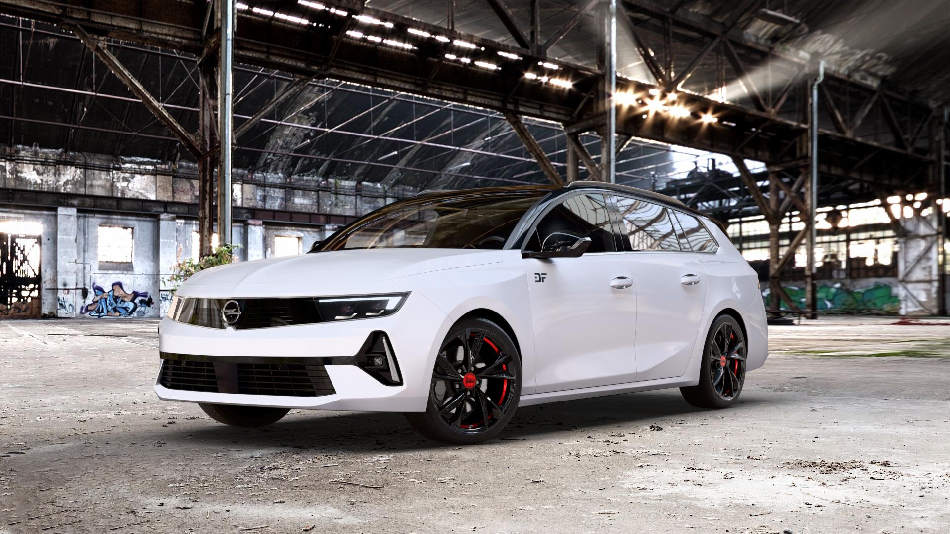 MAM RS6 BLACK PAINTED RED INSIDE Felge mit Reifen schwarz rot mehrfarbig in 18Zoll Winterfelge Alufelge auf weissem Opel Astra L Sports Tourer Typ F Facelift ⬇️ mit 15mm Tieferlegung ⬇️ Old Industrial Hall_max_5300mm_2024 Frontansicht_1