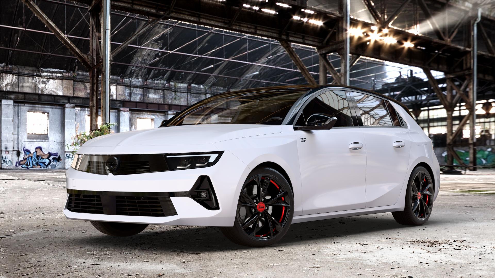 MAM RS6 BLACK PAINTED RED INSIDE Felge mit Reifen schwarz rot mehrfarbig in 18Zoll Winterfelge Alufelge auf weissem Opel Astra L Typ F Facelift ⬇️ mit 15mm Tieferlegung ⬇️ Old Industrial Hall_max_4400mm_2024 Frontansicht_1