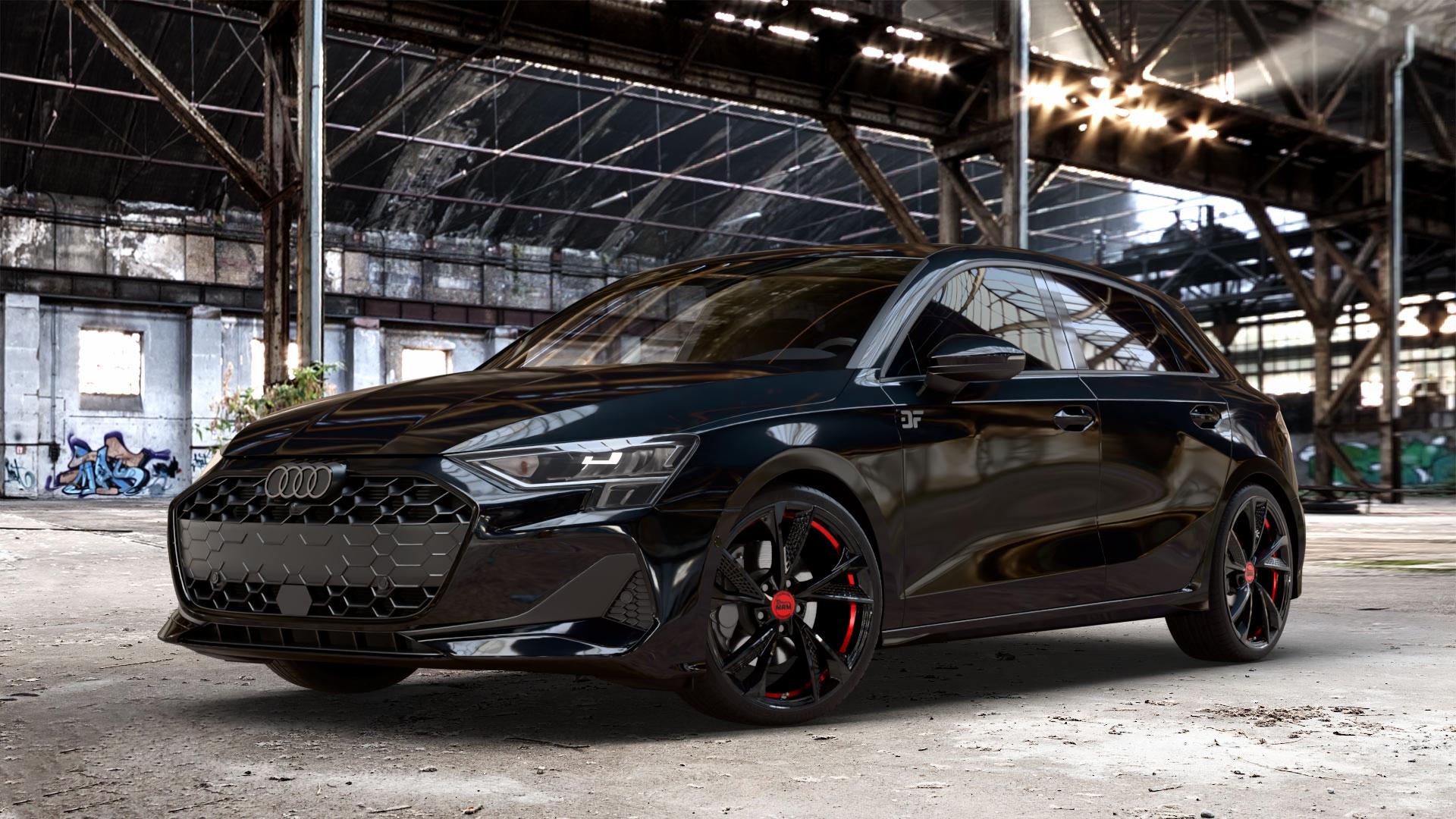 MAM RS6 BLACK PAINTED RED INSIDE Felge mit Reifen schwarz rot mehrfarbig in 19Zoll Winterfelge Alufelge auf metallic schwarzem Audi A3 Typ GY (Sportback) Facelift 2,0l 30 TDI 85kW (116 PS) 1,5l TFSI Mild-Hybrid 35 110kW (150 PHEV 200 130kW Hybrid (177 150 ⬇️ mit 15mm Tieferlegung ⬇️ Old Industrial Hall_max_4400mm_2024 Frontansicht_1