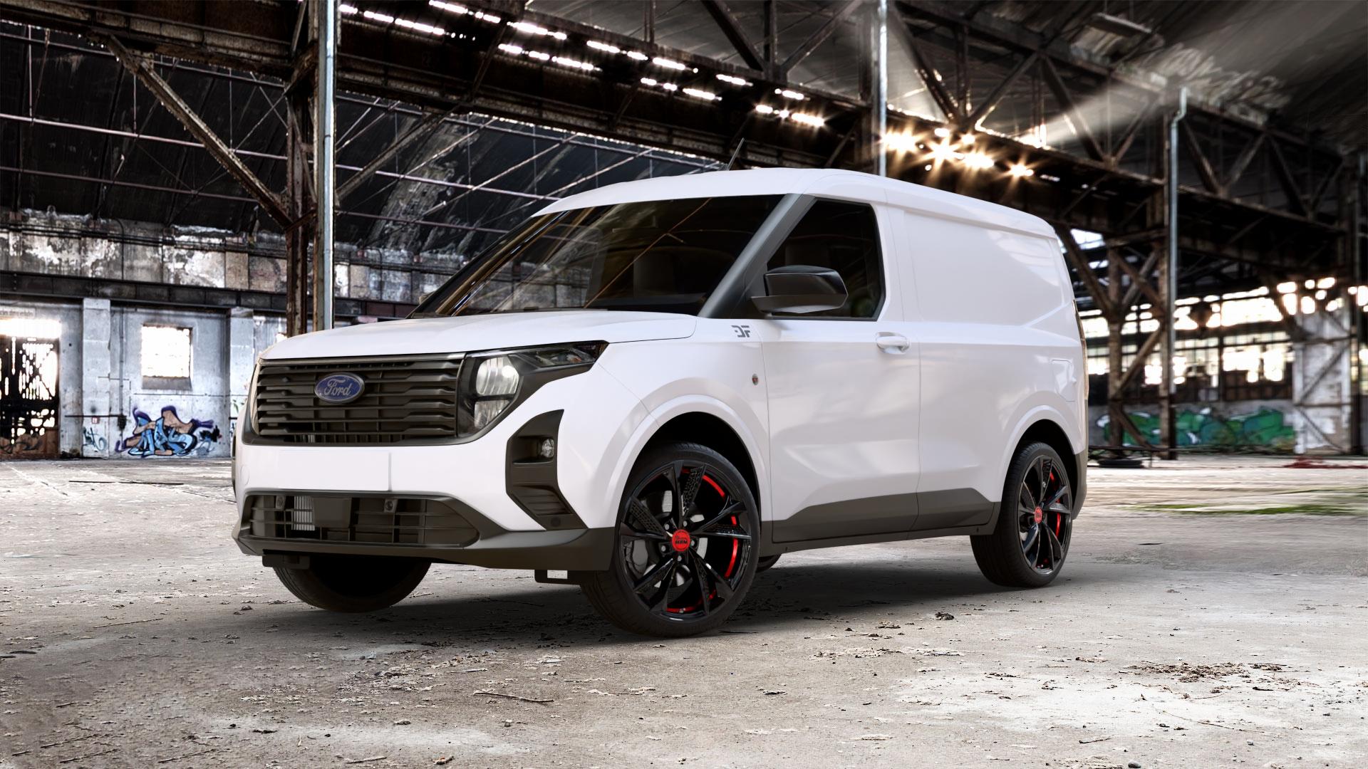 MAM RS6 BLACK PAINTED RED INSIDE Felge mit Reifen schwarz rot mehrfarbig in 19Zoll Winterfelge Alufelge auf weissem Ford Transit Courier Typ N3P 1,0l EcoBoost 92kW (125 PS) 74kW (101 1,5l EcoBlue 73kW (99 ⬇️ mit 15mm Tieferlegung ⬇️ Old Industrial Hall_max_5300mm_2024 Frontansicht_1