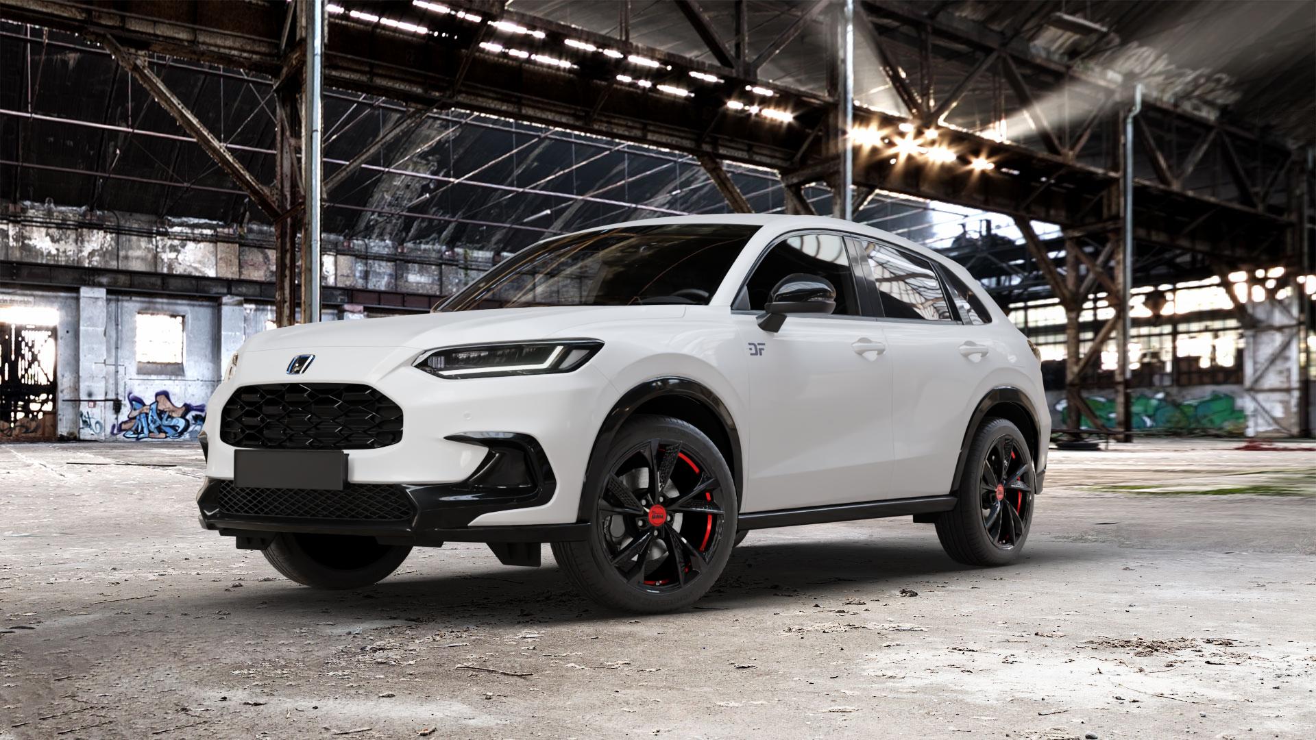 MAM RS6 BLACK PAINTED RED INSIDE Felge mit Reifen schwarz rot mehrfarbig in 19Zoll Winterfelge Alufelge auf weissem Honda ZR-V Typ RZ ⬇️ mit 15mm Tieferlegung ⬇️ Old Industrial Hall_max_5300mm_2024 Frontansicht_1