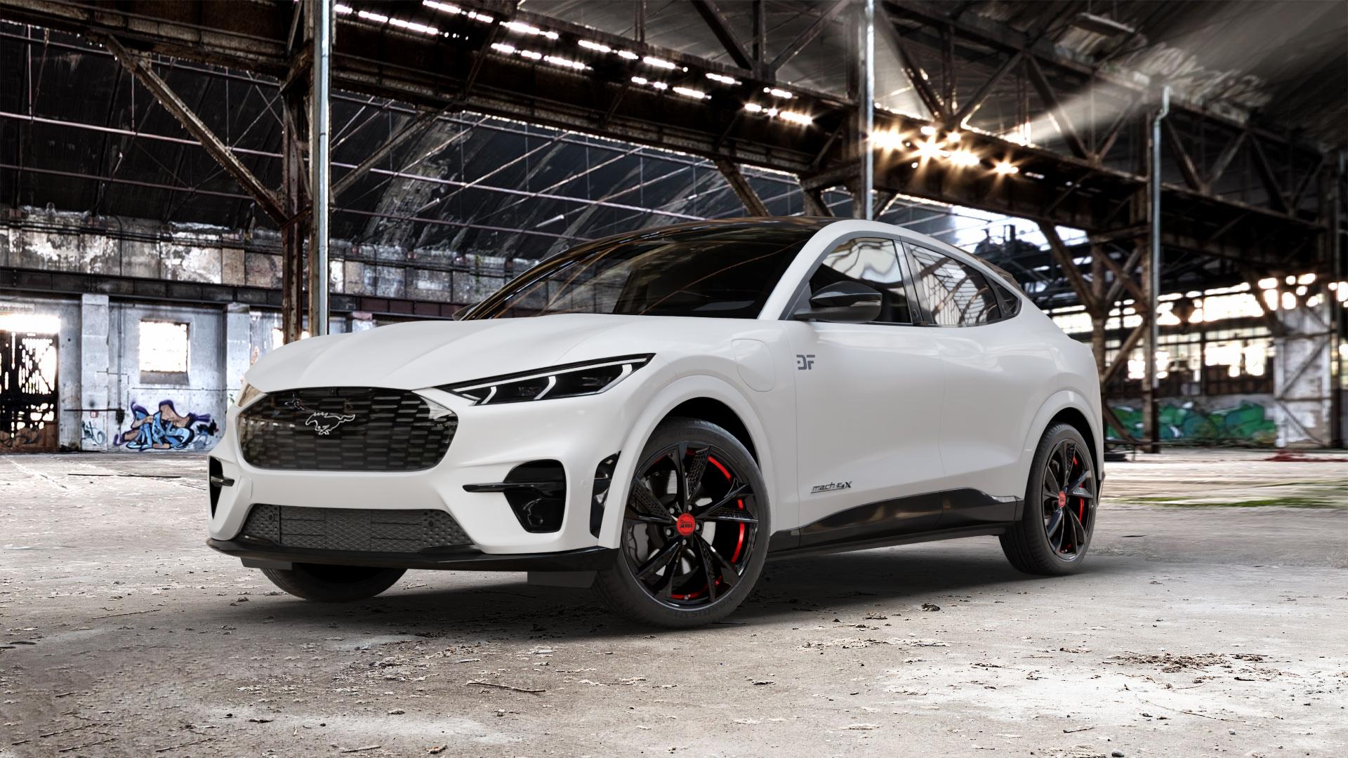 MAM RS6 BLACK PAINTED RED INSIDE Felge mit Reifen schwarz rot mehrfarbig in 20Zoll Winterfelge Alufelge auf weissem Ford Mustang Mach-E Typ LSK ⬇️ mit 15mm Tieferlegung ⬇️ Old Industrial Hall_max_5300mm_2024 Frontansicht_1