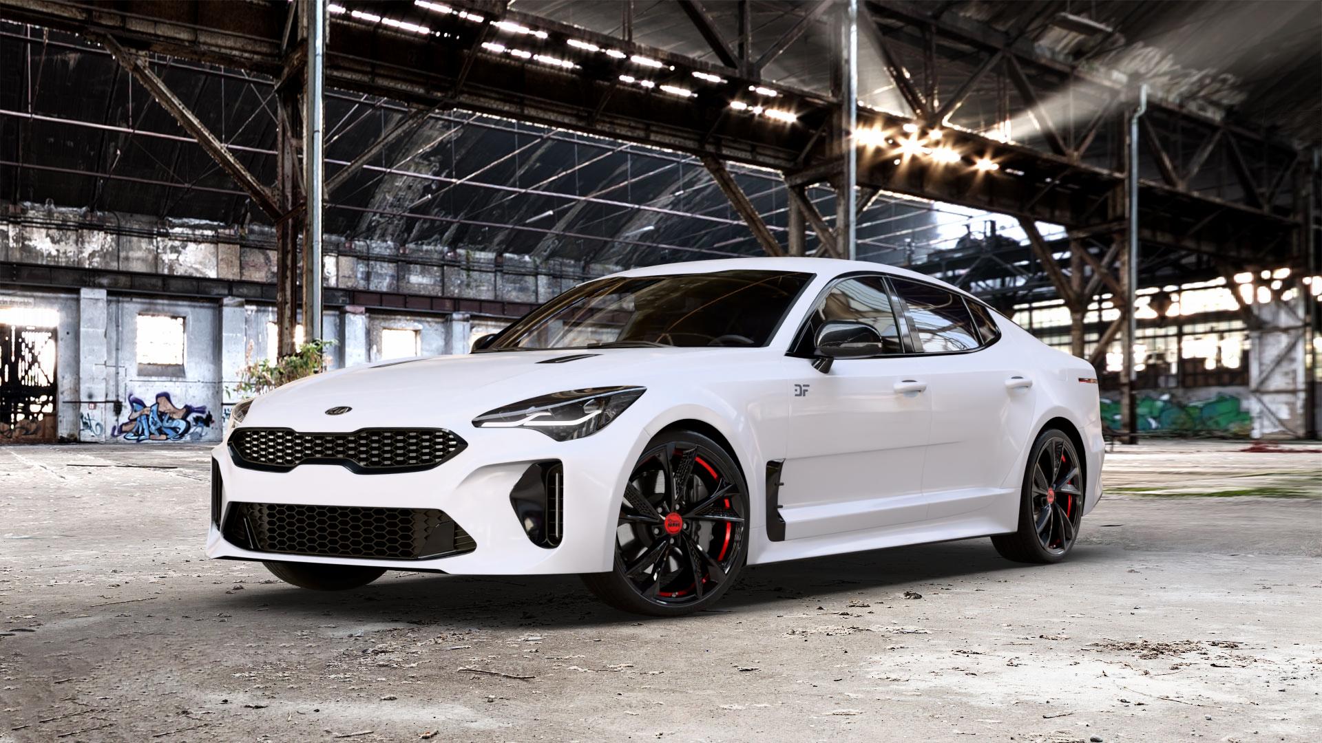 MAM RS6 BLACK PAINTED RED INSIDE Felge mit Reifen schwarz rot mehrfarbig in 20Zoll Winterfelge Alufelge auf weissem Kia Stinger Typ CK ⬇️ mit 15mm Tieferlegung ⬇️ Old Industrial Hall_max_5300mm_2024 Frontansicht_1