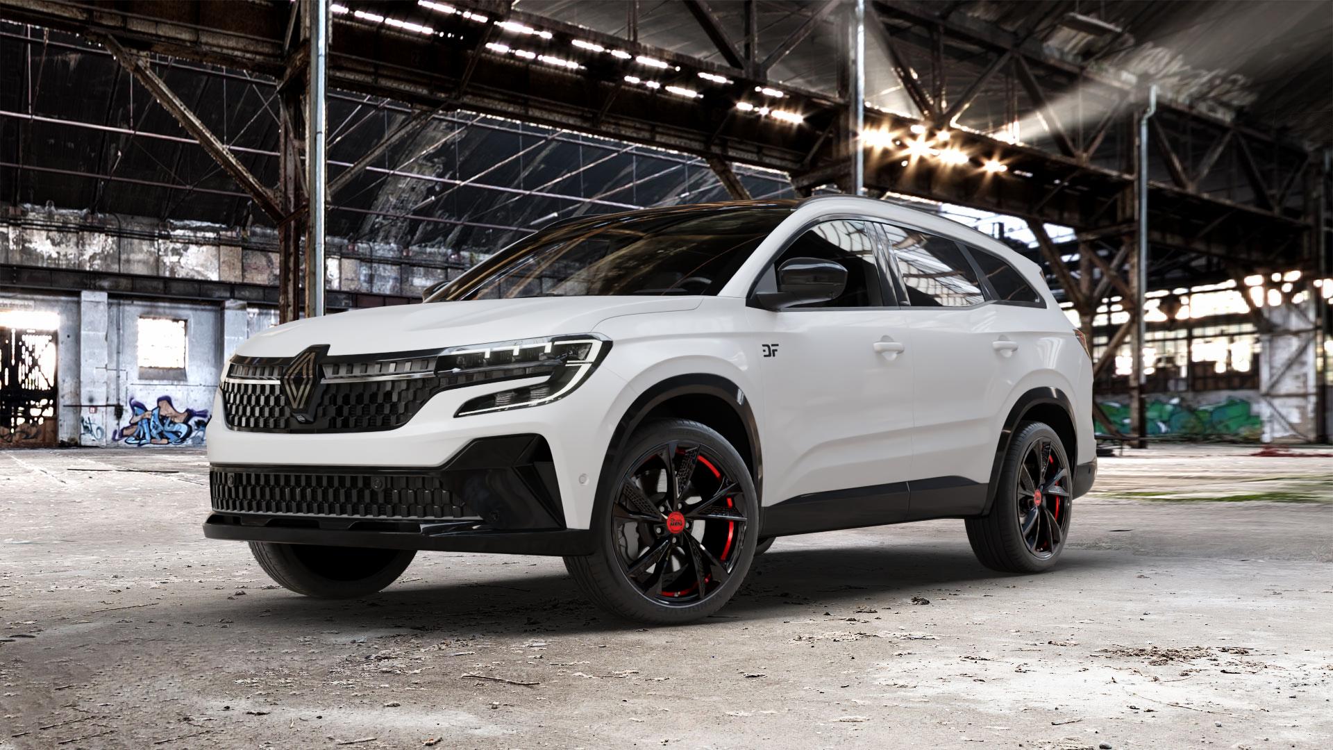 MAM RS6 BLACK PAINTED RED INSIDE Felge mit Reifen schwarz rot mehrfarbig in 20Zoll Winterfelge Alufelge auf weissem Renault Espace VI Typ RHN ⬇️ mit 15mm Tieferlegung ⬇️ Old Industrial Hall_max_5300mm_2024 Frontansicht_1