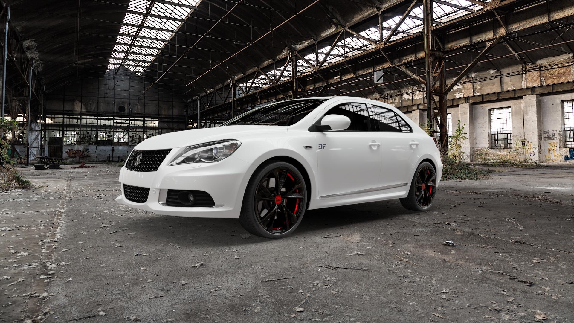MAM RS6 BLACK PAINTED RED INSIDE Felge mit Reifen schwarz rot mehrfarbig in 20Zoll Winterfelge Alufelge auf weissem Suzuki Kizashi ⬇️ mit 15mm Tieferlegung ⬇️ Old Industrial Hall_max5000mm_2022 Frontansicht_1