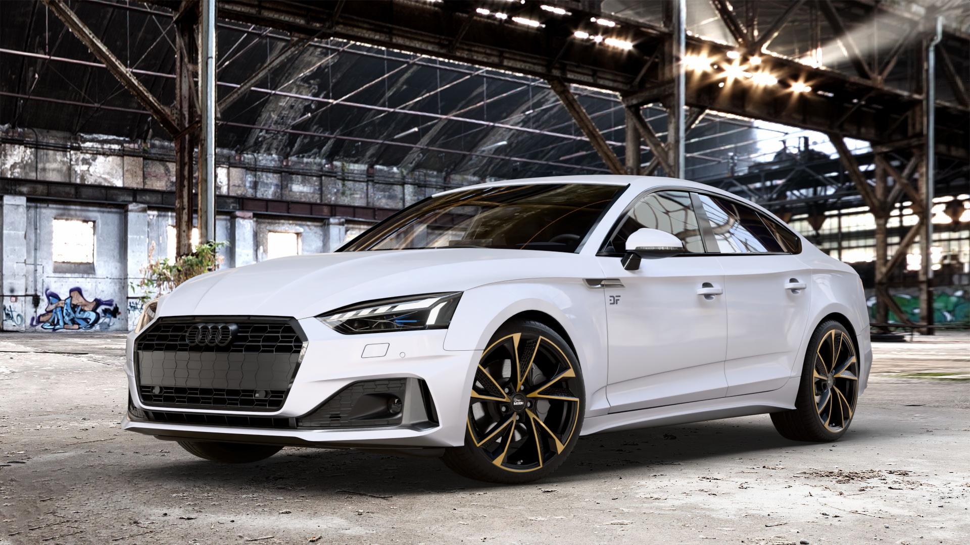 MAM RS6 MATT BLACK FRONT COPPER Felge mit Reifen schwarz mehrfarbig in 19Zoll Winterfelge Alufelge auf weissem Audi A5 Typ B9 (Sportback) Facelift ⬇️ mit 15mm Tieferlegung ⬇️ Old Industrial Hall_max_4400mm_2024 Frontansicht_1