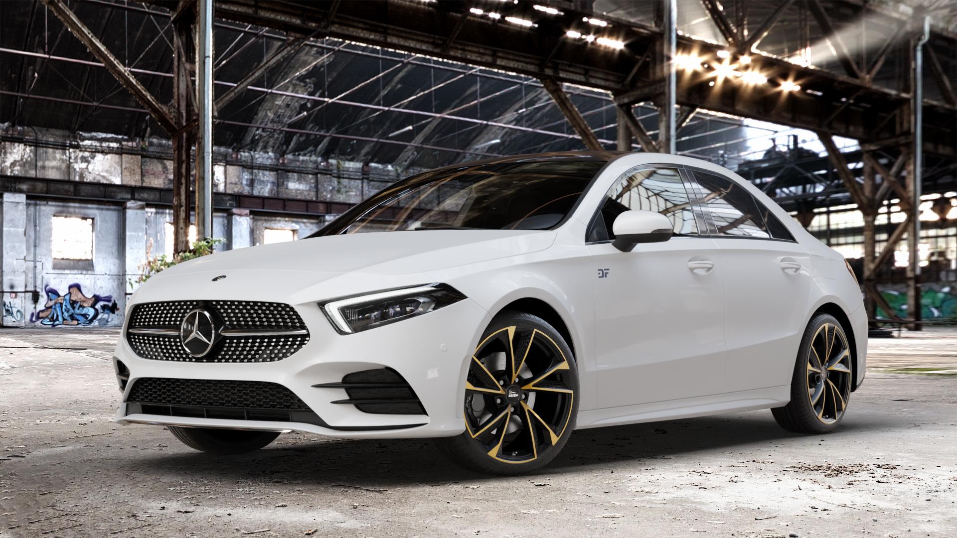 MAM RS6 MATT BLACK FRONT COPPER Felge mit Reifen schwarz mehrfarbig in 19Zoll Winterfelge Alufelge auf weissem Mercedes A-Klasse IV Typ 177 (F2A) Limousine Facelift ⬇️ mit 15mm Tieferlegung ⬇️ Old Industrial Hall_max_4400mm_2024 Frontansicht_1