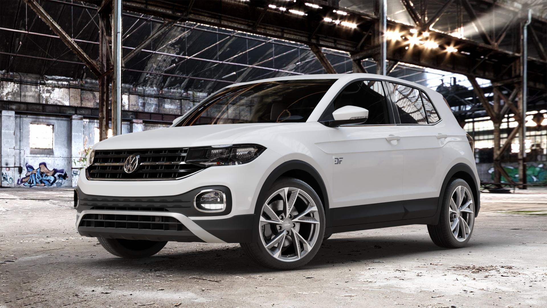 MAM RS6 PALLADIUM FRONT POLISH Felge mit Reifen silber schwarz mehrfarbig in 18Zoll Winterfelge Alufelge auf weissem Volkswagen (VW) T-Cross ⬇️ mit 15mm Tieferlegung ⬇️ Old Industrial Hall_max_4400mm_2024 Frontansicht_1