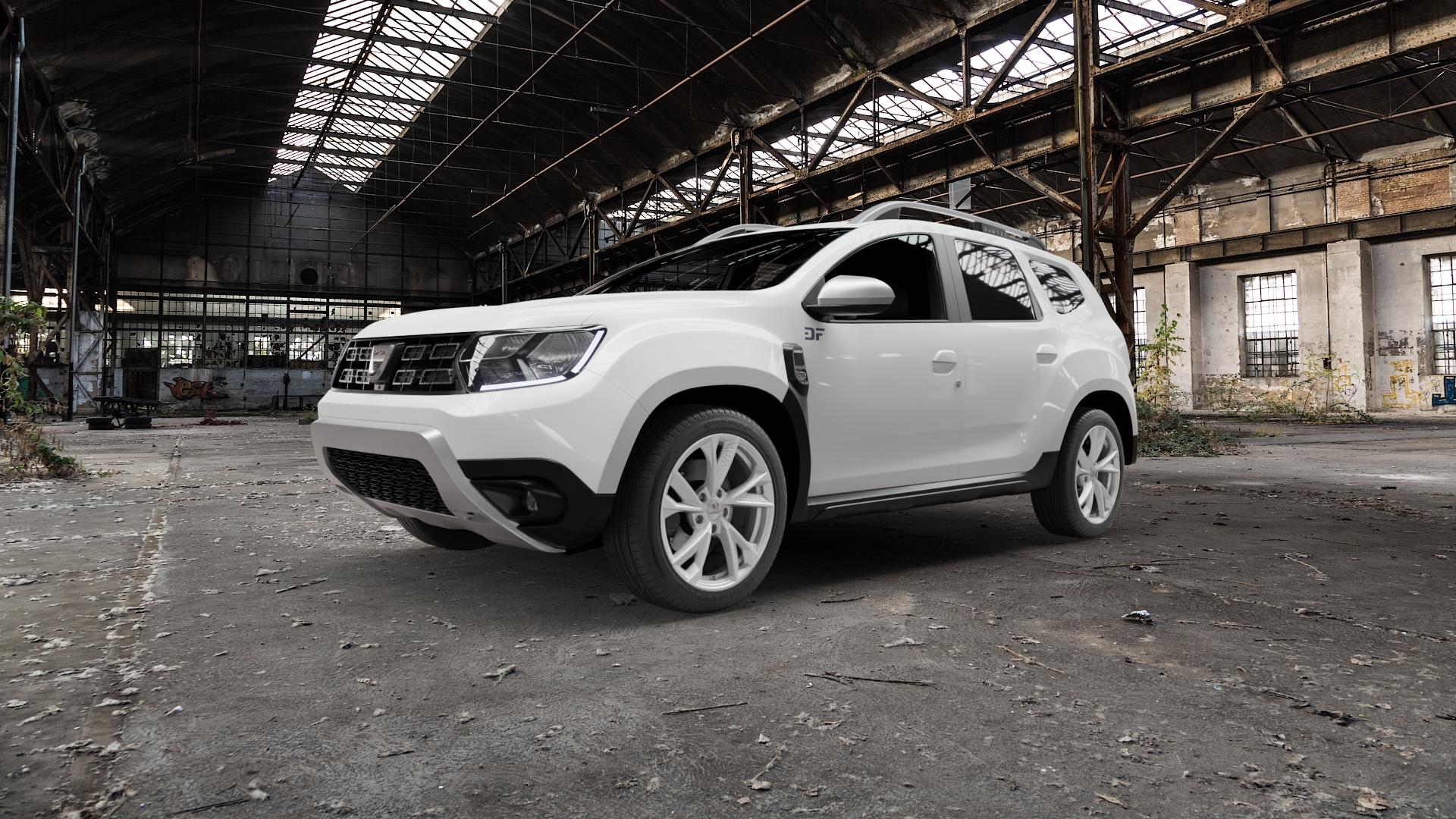 MAM RS6 SILVER PAINTED Felge mit Reifen silber in 18Zoll Winterfelge Alufelge auf weissem Dacia Duster Typ SR ⬇️ mit 15mm Tieferlegung ⬇️ Old Industrial Hall_max5000mm_2022 Frontansicht_1