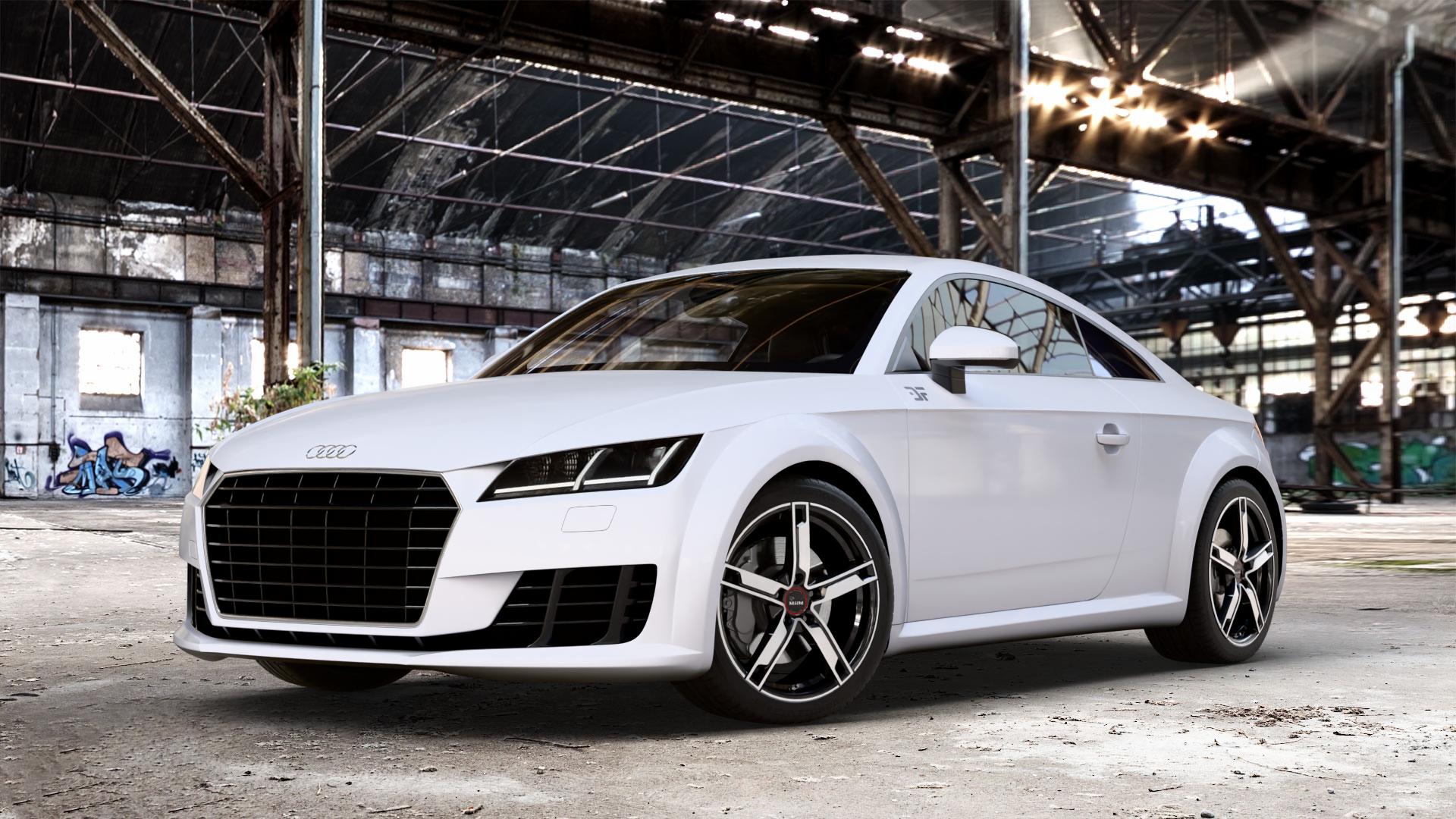 MAM W4 BLACK FRONT POLISH Felge mit Reifen silber schwarz in 18Zoll Winterfelge Alufelge auf weissem Audi TT III Typ 8S (Coupé) (Roadster) ⬇️ mit 15mm Tieferlegung ⬇️ Old Industrial Hall_max_4400mm_2024 Frontansicht_1