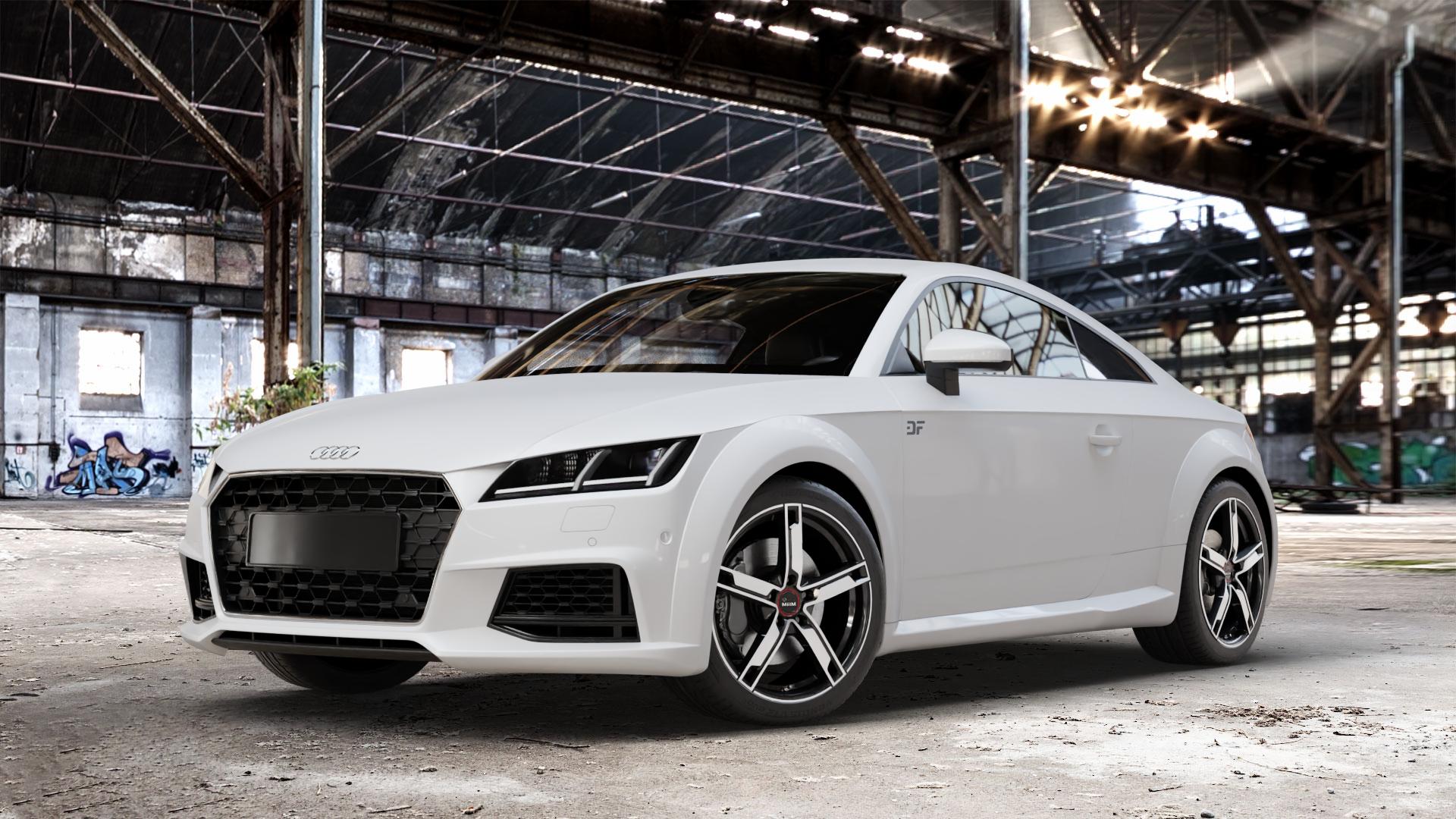 MAM W4 BLACK FRONT POLISH Felge mit Reifen silber schwarz in 18Zoll Winterfelge Alufelge auf weissem Audi TT III Typ 8S Facelift (Coupé) (Roadster) ⬇️ mit 15mm Tieferlegung ⬇️ Old Industrial Hall_max_4400mm_2024 Frontansicht_1