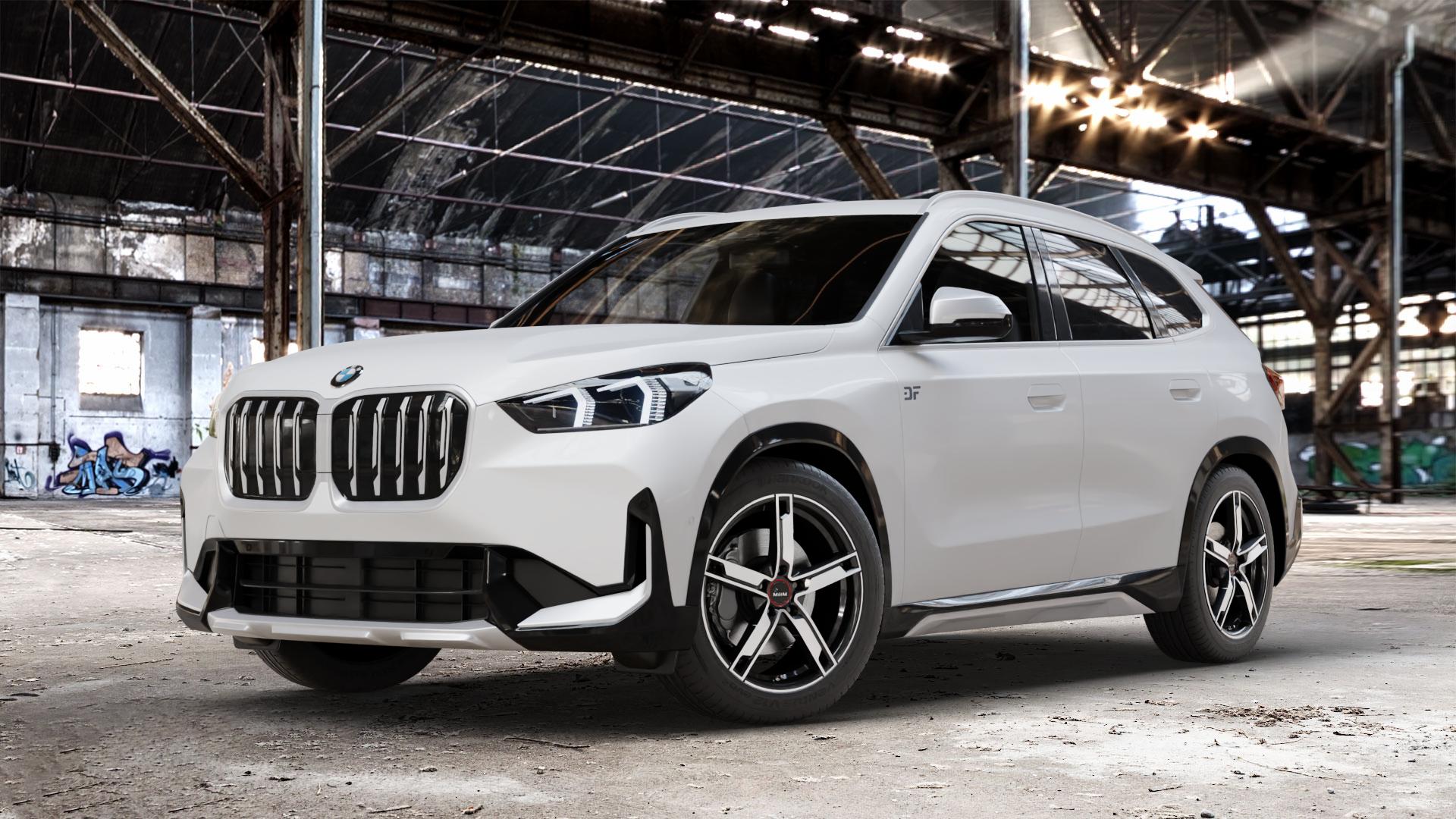 MAM W4 BLACK FRONT POLISH Felge mit Reifen silber schwarz in 18Zoll Winterfelge Alufelge auf weissem BMW X1 Typ U11 (U1X) ⬇️ mit 15mm Tieferlegung ⬇️ Old Industrial Hall_max_4400mm_2024 Frontansicht_1