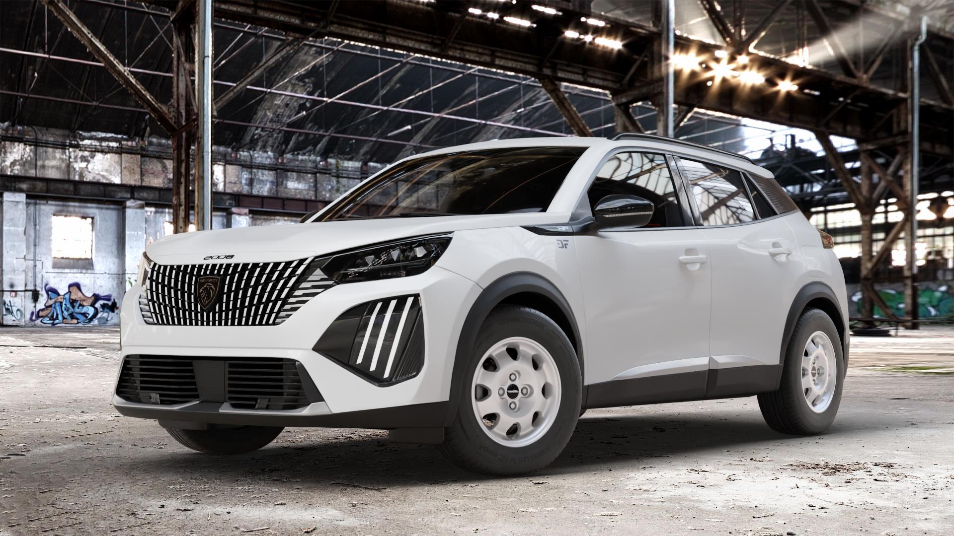 Maxilite 205 GTI Style silber Felge mit Reifen in 15Zoll Alufelge auf weissem Peugeot 2008 Typ U Facelift ⬇️ mit 15mm Tieferlegung ⬇️ Old Industrial Hall_max_4400mm_2024 Frontansicht_1
