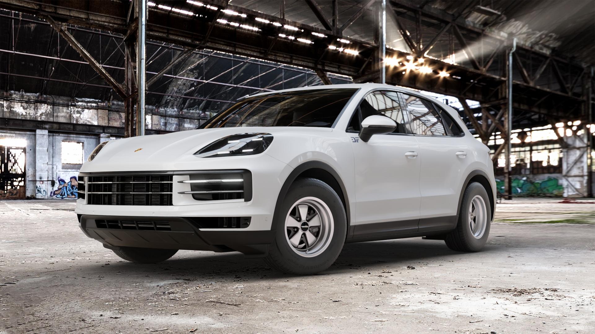 Maxilite 5 spoke Style eloxierter look Felge mit Reifen in 16Zoll Alufelge auf weissem Porsche Cayenne III Typ 9YA Facelift ⬇️ mit 15mm Tieferlegung ⬇️ Old Industrial Hall_max_5300mm_2024 Frontansicht_1