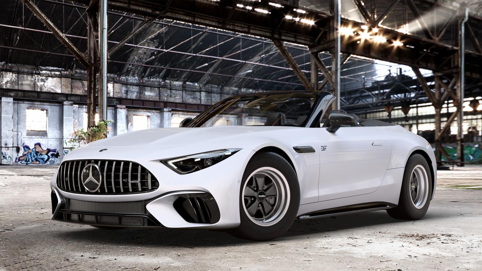 Maxilite 5 spoke Style mattschwarz/glanzgedreht Felge mit Reifen in 16Zoll Alufelge auf weissem Mercedes SL Typ R232 2,0l 43 280kW Mild-Hybrid (381 PS) 4,0l 55 4MATIC+ 350kW (476 63 430kW (585 ⬇️ mit 15mm Tieferlegung ⬇️ Old Industrial Hall_max_4400mm_2024 Frontansicht_1