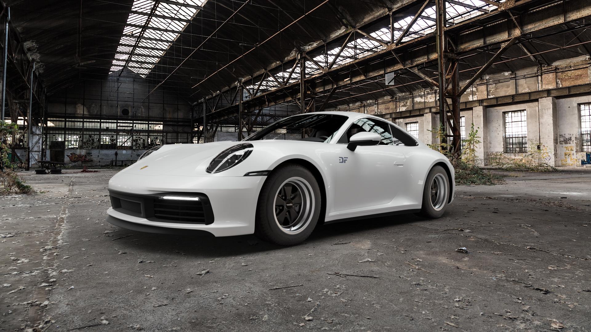 Maxilite 5 spoke Style mattschwarz/glanzgedreht Felge mit Reifen in 16Zoll Alufelge auf weissem Porsche 911 Typ 992 Cabriolet 992TR Targa Facelift ⬇️ mit 15mm Tieferlegung ⬇️ Old Industrial Hall_max5000mm_2022 Frontansicht_1