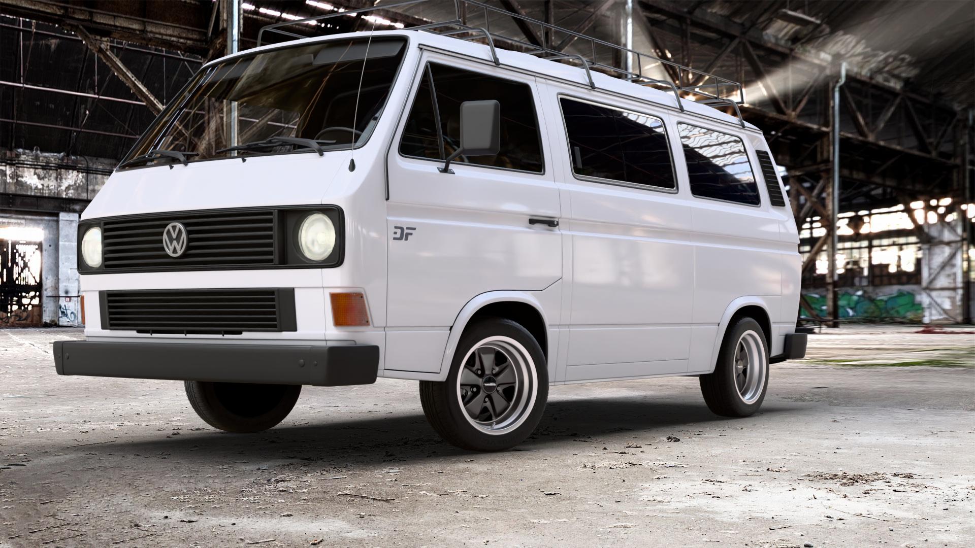 Maxilite 5 spoke Style mattschwarz/glanzgedreht Felge mit Reifen in 16Zoll Alufelge auf weissem Volkswagen (VW) T3 Campingwagen Caravelle Kastenwagen Kleinbus Transporter Krankenwagen ⬇️ mit 15mm Tieferlegung ⬇️ Old Industrial Hall_max_5300mm_2024 Frontansicht_1