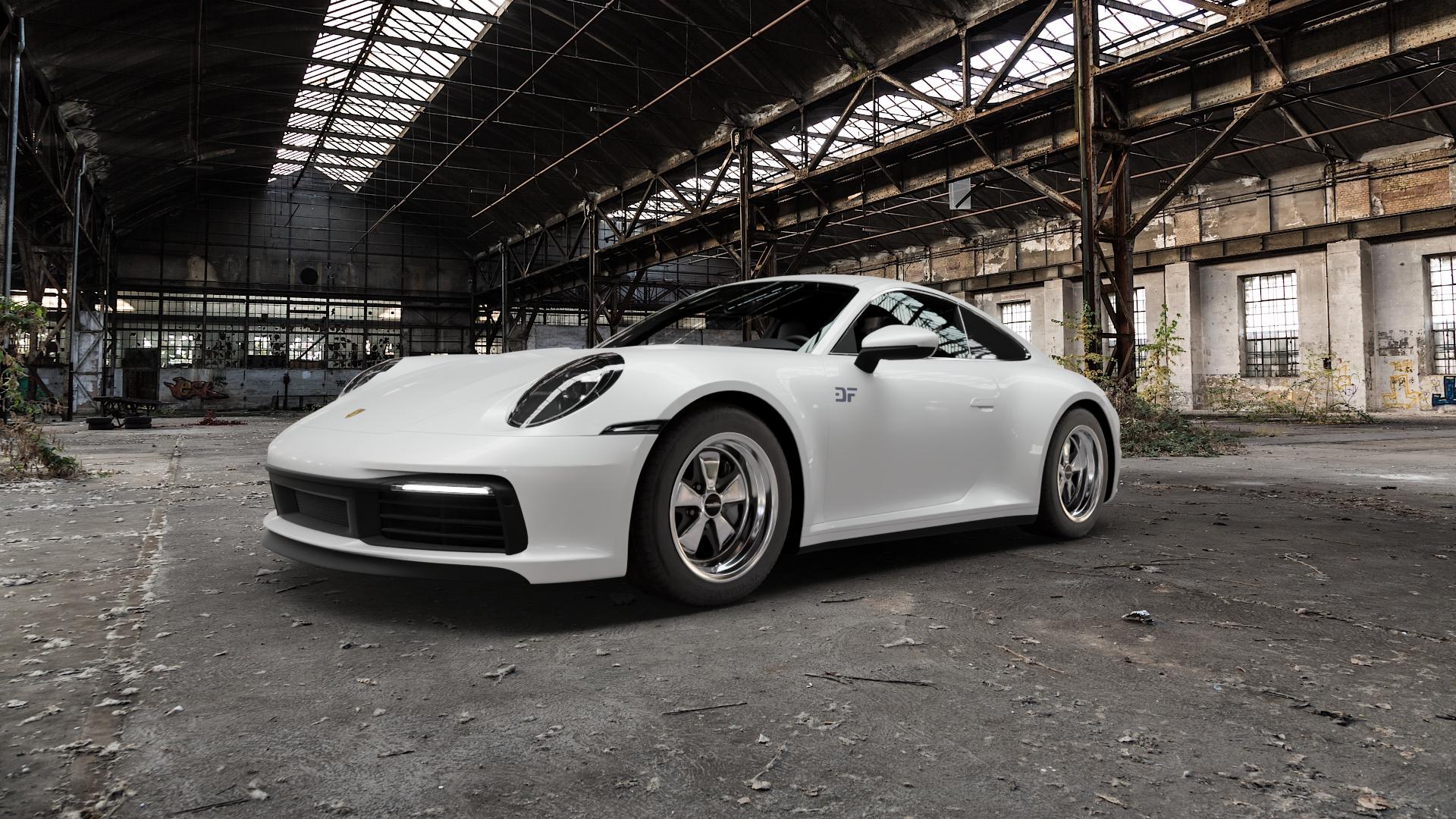Maxilite 5 spoke Style schwarz/poliert glänzend Felge mit Reifen in 17Zoll Alufelge auf weissem Porsche 911 Typ 992 Cabriolet 992TR Targa Facelift ⬇️ mit 15mm Tieferlegung ⬇️ Old Industrial Hall_max5000mm_2022 Frontansicht_1