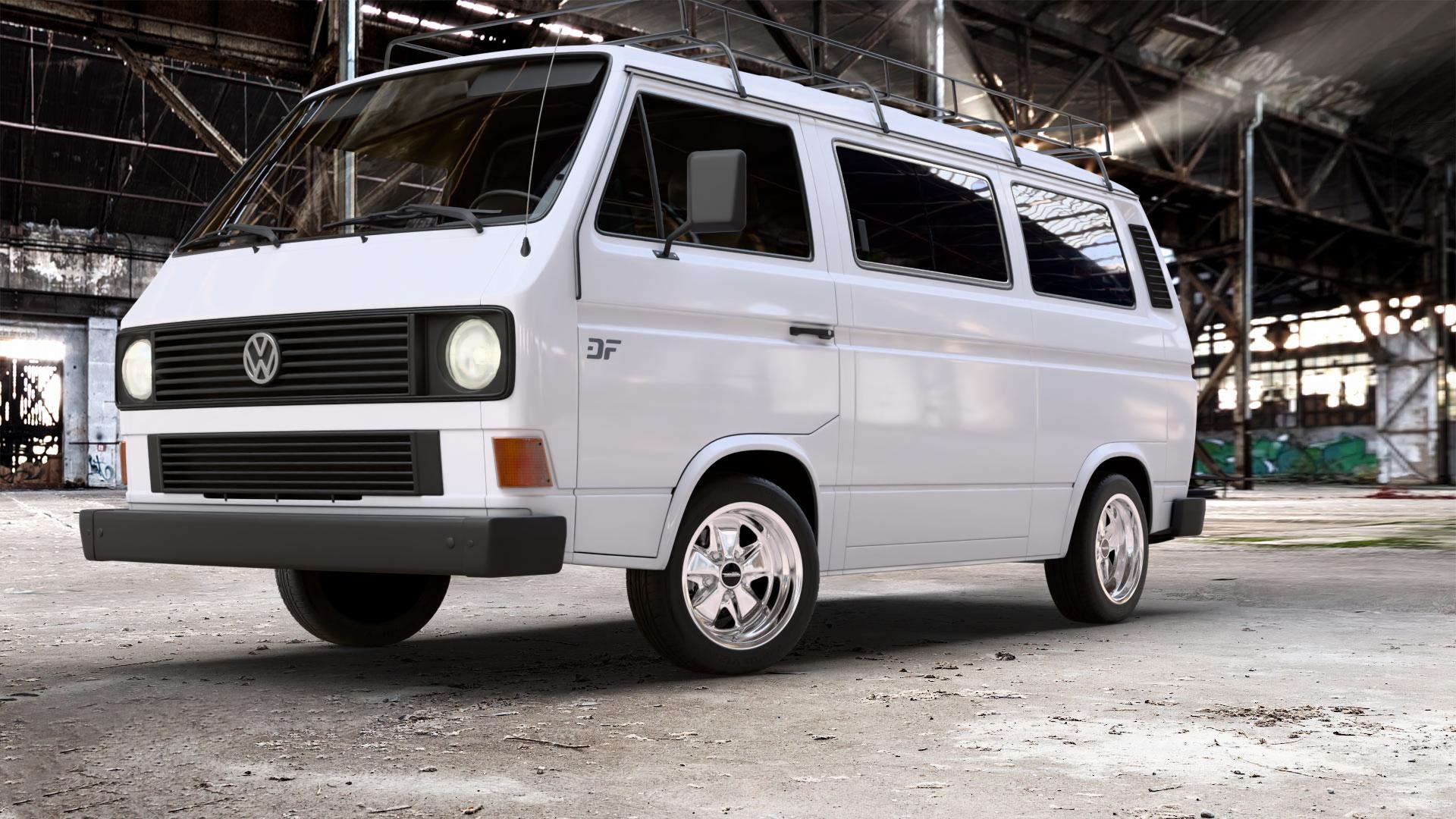 Maxilite 5 spoke Style vollpoliert Felge mit Reifen in 16Zoll Alufelge auf weissem Volkswagen (VW) T3 Campingwagen Caravelle Kastenwagen Kleinbus Transporter Krankenwagen ⬇️ mit 15mm Tieferlegung ⬇️ Old Industrial Hall_max_5300mm_2024 Frontansicht_1
