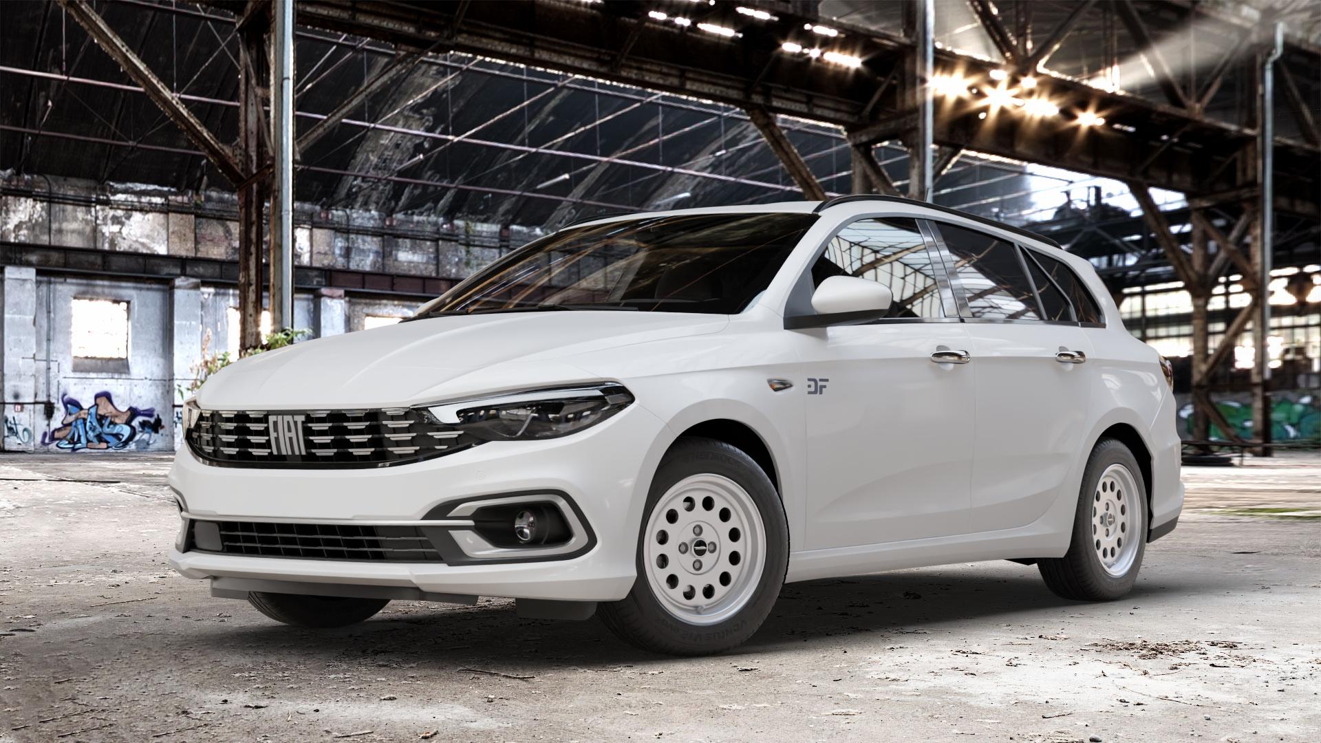 Maxilite A1 Style silber Felge mit Reifen in 15Zoll Winterfelge Alufelge auf weissem Fiat Tipo II Kombi Typ 356 Facelift ⬇️ mit 15mm Tieferlegung ⬇️ Old Industrial Hall_max_4400mm_2024 Frontansicht_1