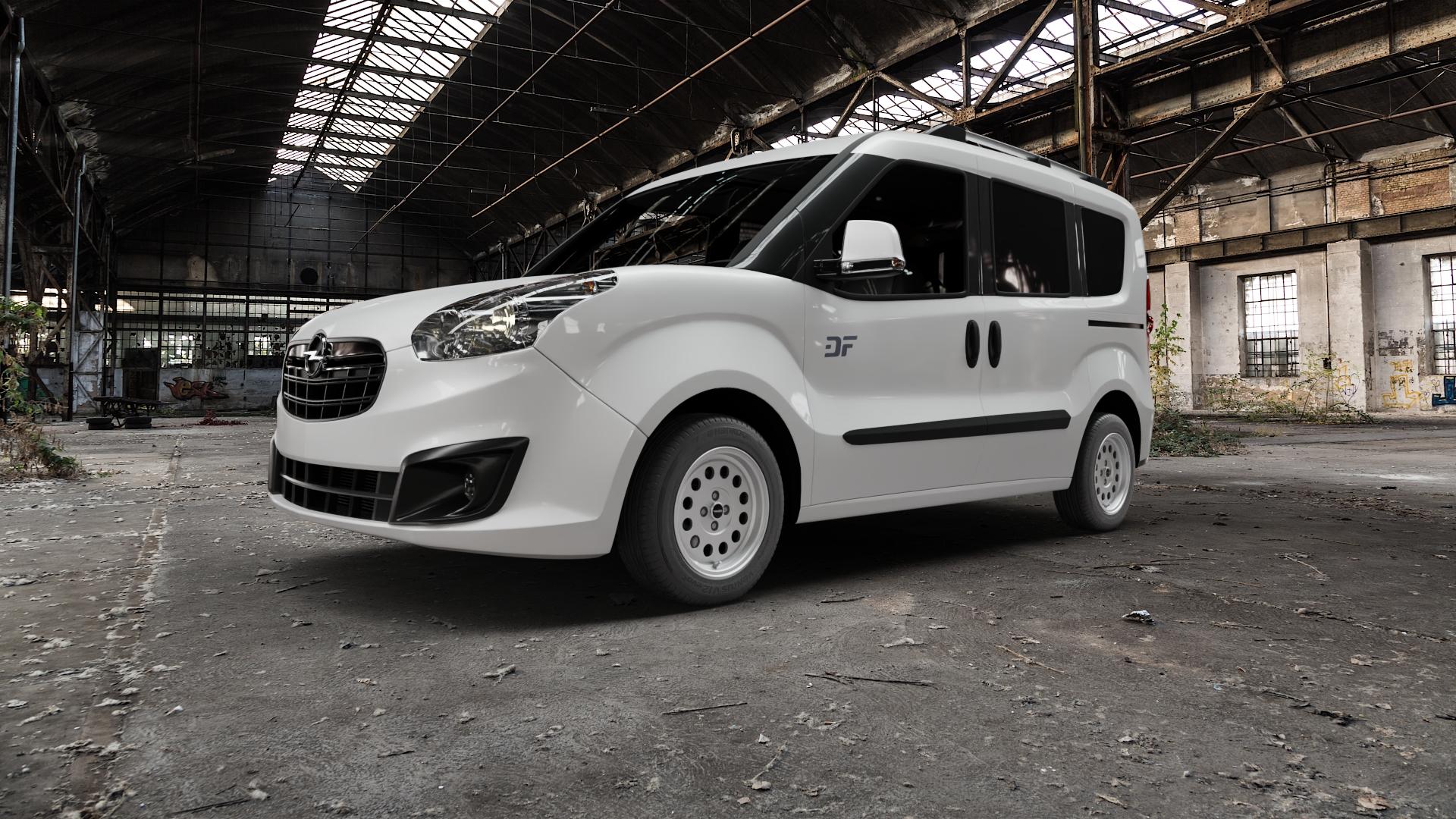 Maxilite A1 Style silber Felge mit Reifen in 15Zoll Winterfelge Alufelge auf weissem Opel Combo D ⬇️ mit 15mm Tieferlegung ⬇️ Old Industrial Hall_max5000mm_2022 Frontansicht_1