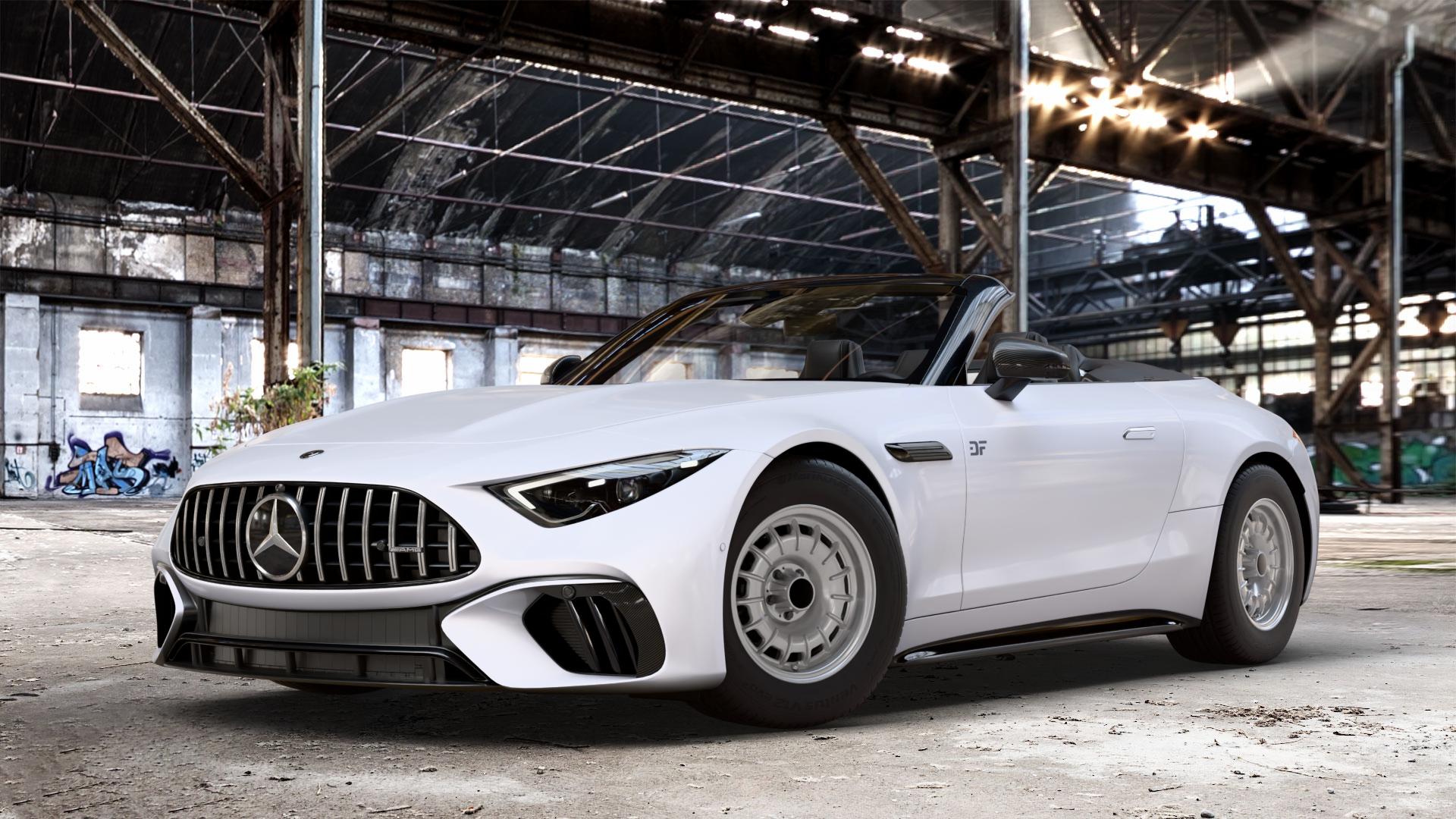 Maxilite Barock Style silber Felge mit Reifen in 16Zoll Alufelge auf weissem Mercedes SL Typ R232 2,0l 43 280kW Mild-Hybrid (381 PS) 4,0l 55 4MATIC+ 350kW (476 63 430kW (585 ⬇️ mit 15mm Tieferlegung ⬇️ Old Industrial Hall_max_4400mm_2024 Frontansicht_1