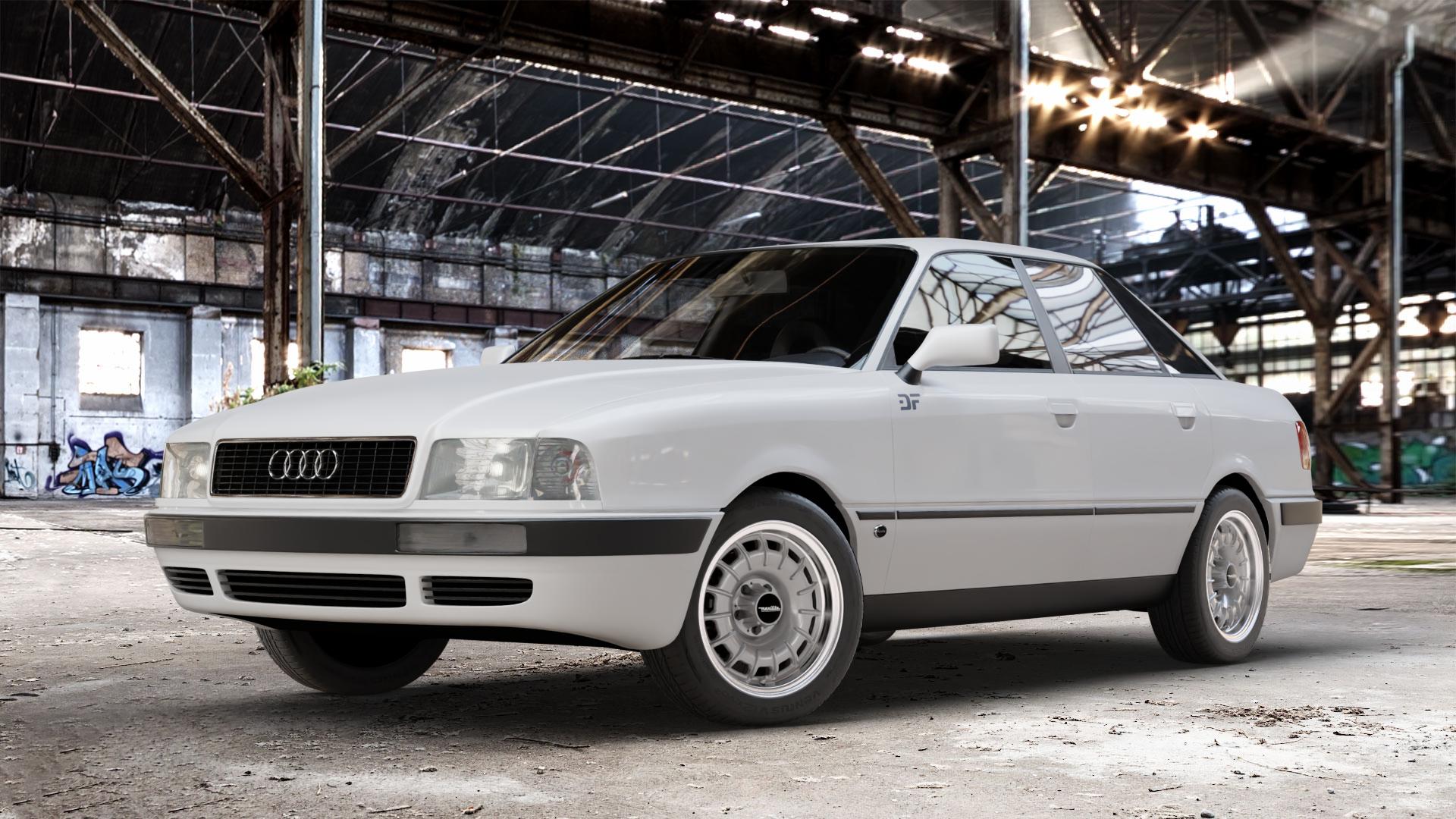 Maxilite Barock Style silber/glanzgedreht Felge mit Reifen in 16Zoll Alufelge auf weissem Audi 80 Typ 89 (Limousine) B4 80/90 ⬇️ mit 15mm Tieferlegung ⬇️ Old Industrial Hall_max_4400mm_2024 Frontansicht_1