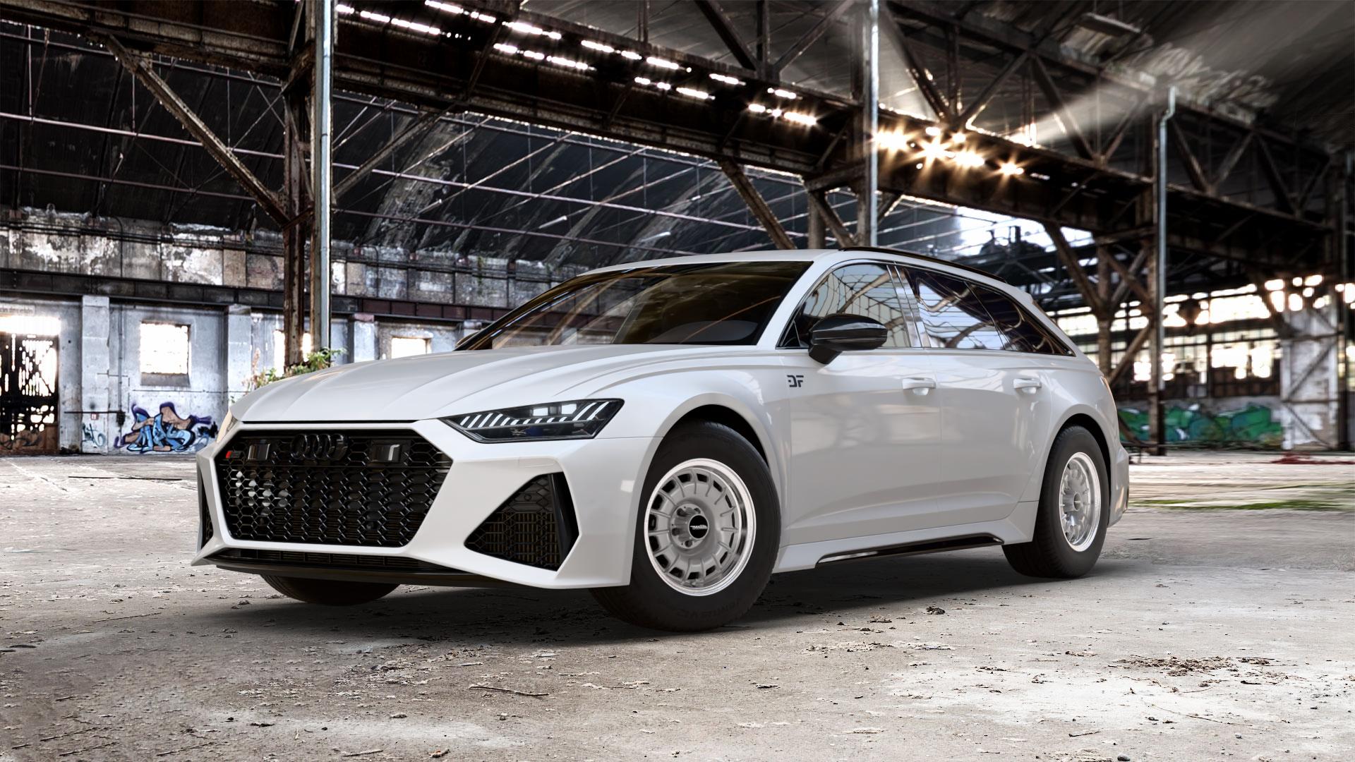 Maxilite Barock Style silber/glanzgedreht Felge mit Reifen in 16Zoll Alufelge auf weissem Audi A6 Typ F2/C8 (Avant) 4,0l RS6 TFSI quattro 441kW (600 PS) Mild-Hybrid Performance 463kW (630 ⬇️ mit 15mm Tieferlegung ⬇️ Old Industrial Hall_max_5300mm_2024 Frontansicht_1