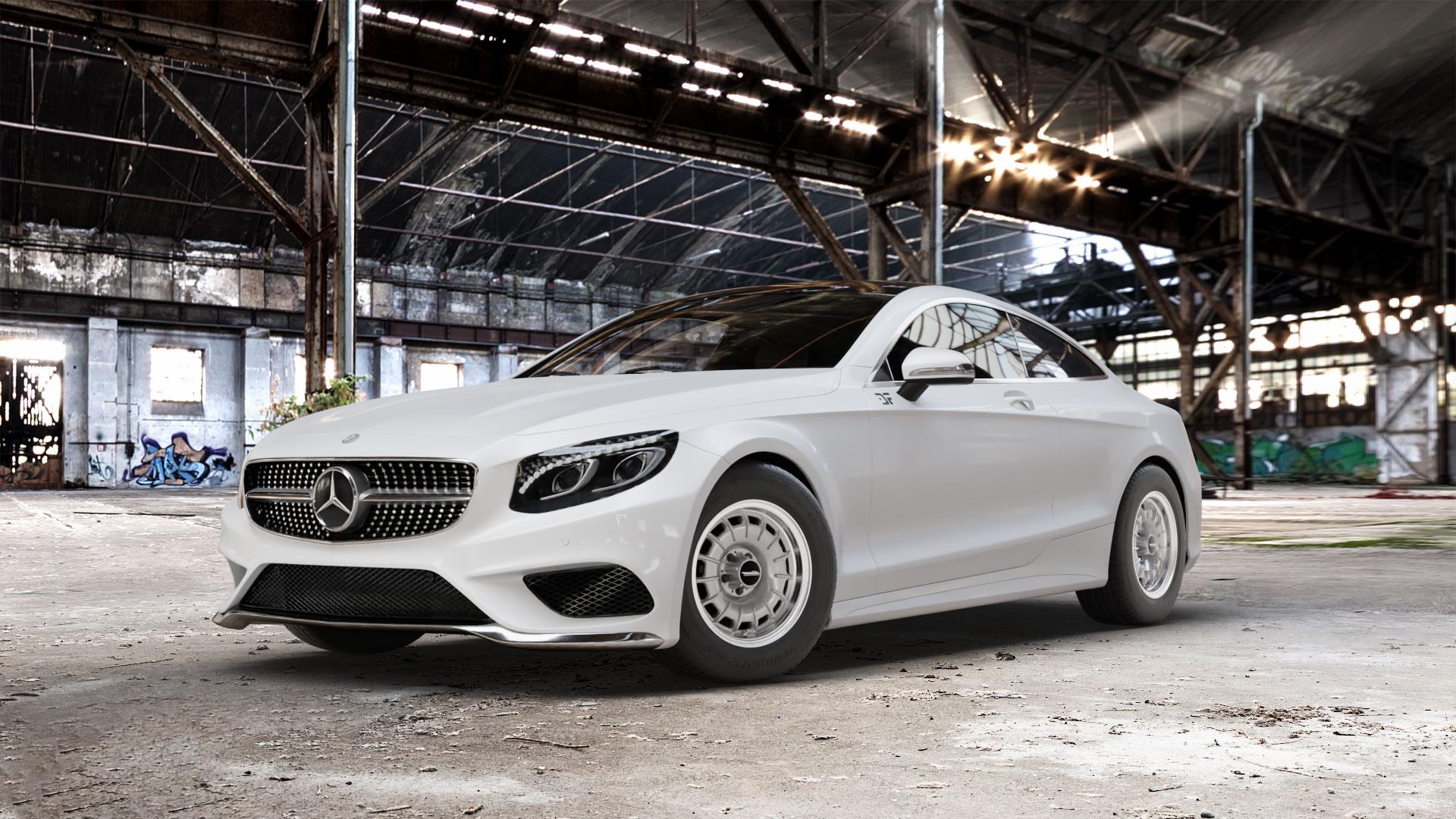 Maxilite Barock Style silber/glanzgedreht Felge mit Reifen in 16Zoll Alufelge auf weissem Mercedes S-Klasse Typ C217 Facelift Coupe ⬇️ mit 15mm Tieferlegung ⬇️ Old Industrial Hall_max_5300mm_2024 Frontansicht_1