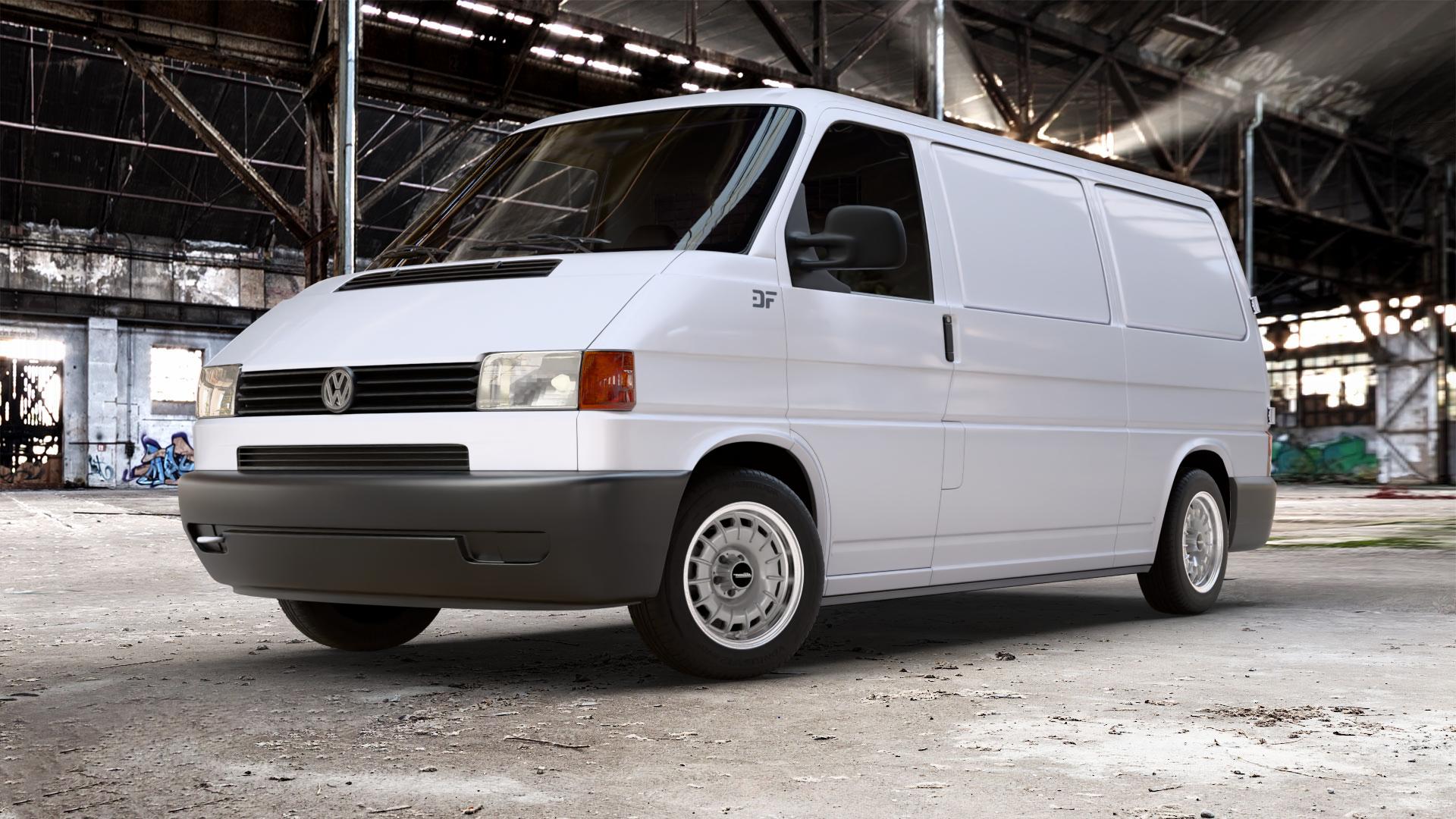 Maxilite Barock Style silber/glanzgedreht Felge mit Reifen in 16Zoll Alufelge auf weissem Volkswagen (VW) T4 Transporter ⬇️ mit 15mm Tieferlegung ⬇️ Old Industrial Hall_max_5300mm_2024 Frontansicht_1
