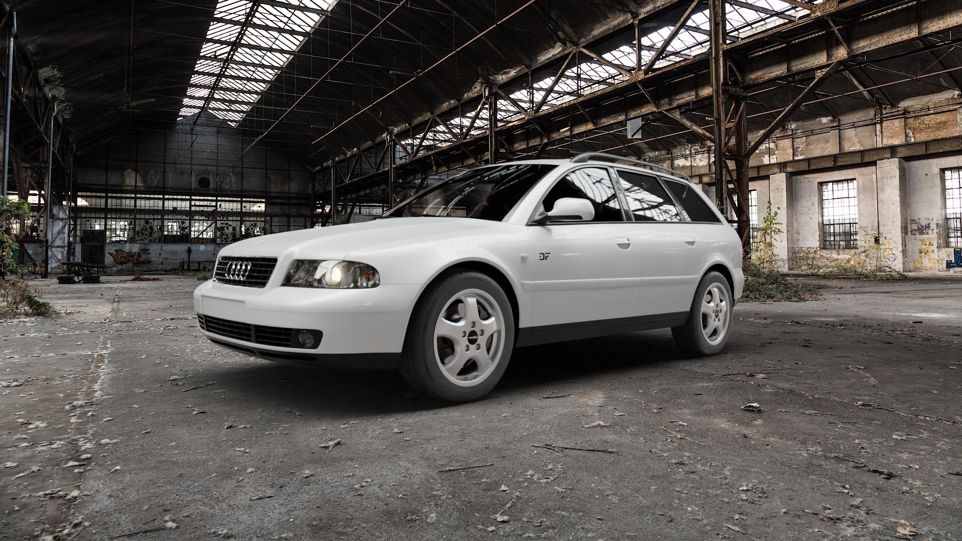 Maxilite Cup Style silber Felge mit Reifen in 17Zoll Winterfelge Alufelge auf weissem Audi A4 Typ 8D5/B5 (Avant) ⬇️ mit 15mm Tieferlegung ⬇️ Old Industrial Hall_max5000mm_2022 Frontansicht_1