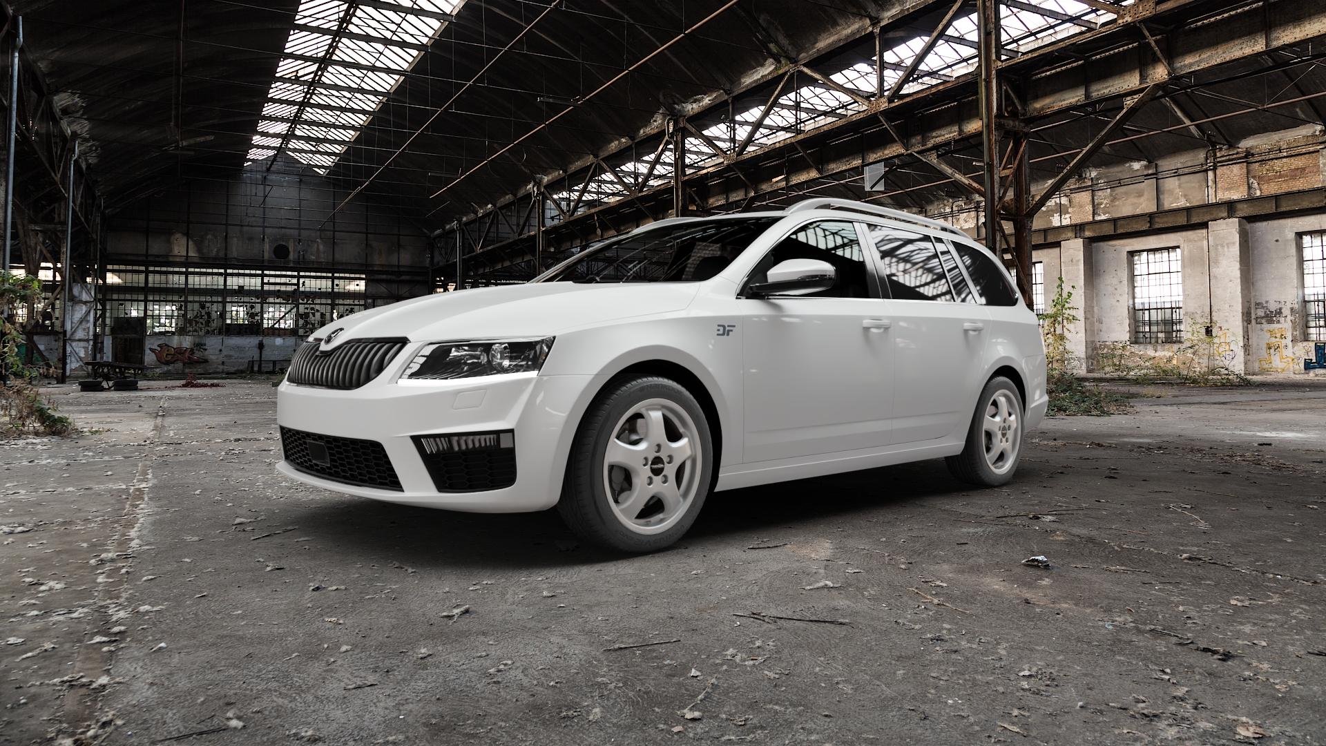 Maxilite Cup Style silber Felge mit Reifen in 17Zoll Winterfelge Alufelge auf weissem Skoda Octavia III Kombi Typ 5E 2,0l TDI 135kW RS (184 PS) TSI 162kW (220 169kW (230 4x4 Facelift 180kW (245 ⬇️ mit 15mm Tieferlegung ⬇️ Old Industrial Hall_max5000mm_2022 Frontansicht_1