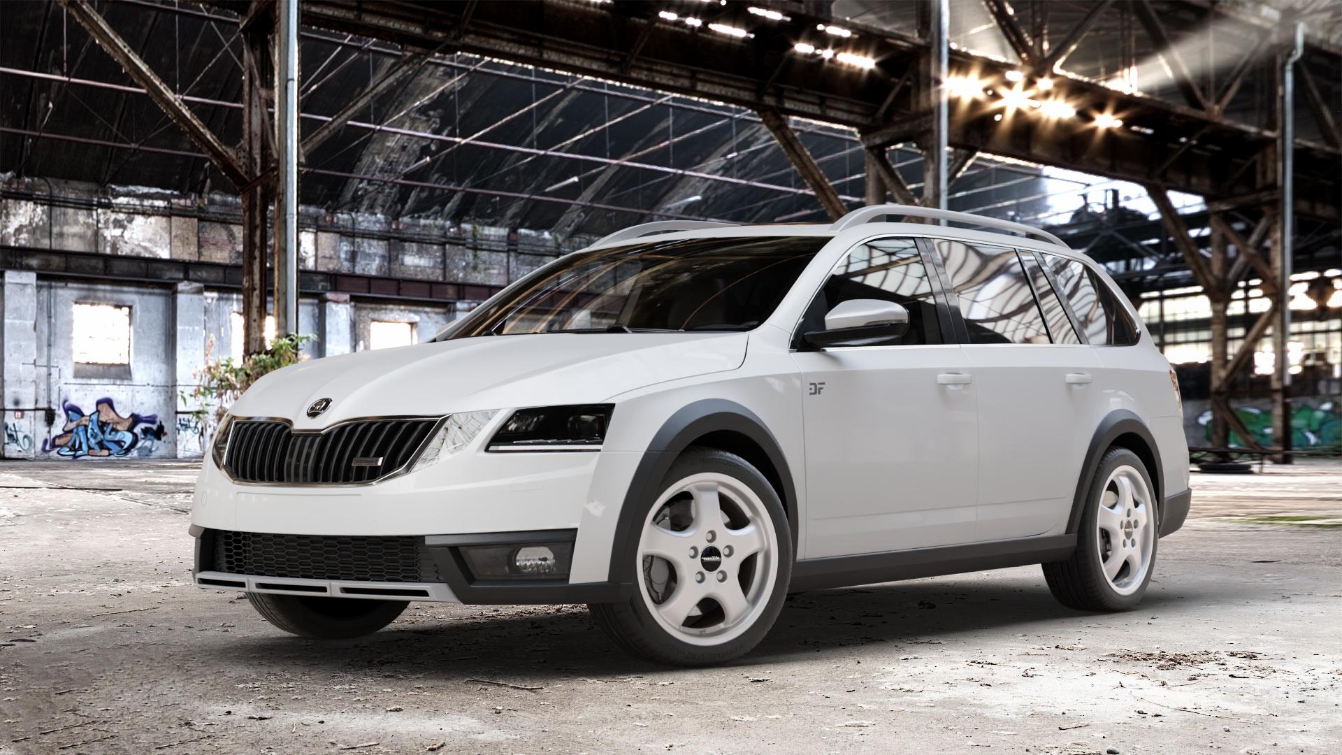 Maxilite Cup Style silber Felge mit Reifen in 17Zoll Winterfelge Alufelge auf weissem Skoda Octavia III Scout Typ 5E Facelift ⬇️ mit 15mm Tieferlegung ⬇️ Old Industrial Hall_max_4400mm_2024 Frontansicht_1