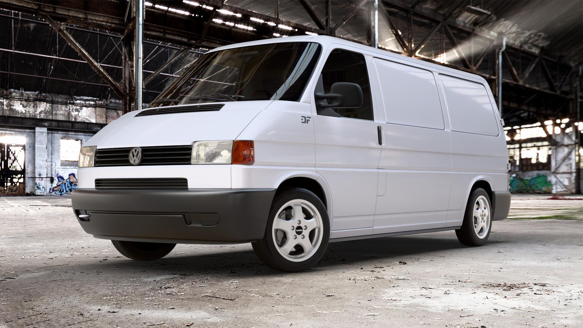 Maxilite Cup Style silber Felge mit Reifen in 17Zoll Winterfelge Alufelge auf weissem Volkswagen (VW) T4 Transporter ⬇️ mit 15mm Tieferlegung ⬇️ Old Industrial Hall_max_5300mm_2024 Frontansicht_1