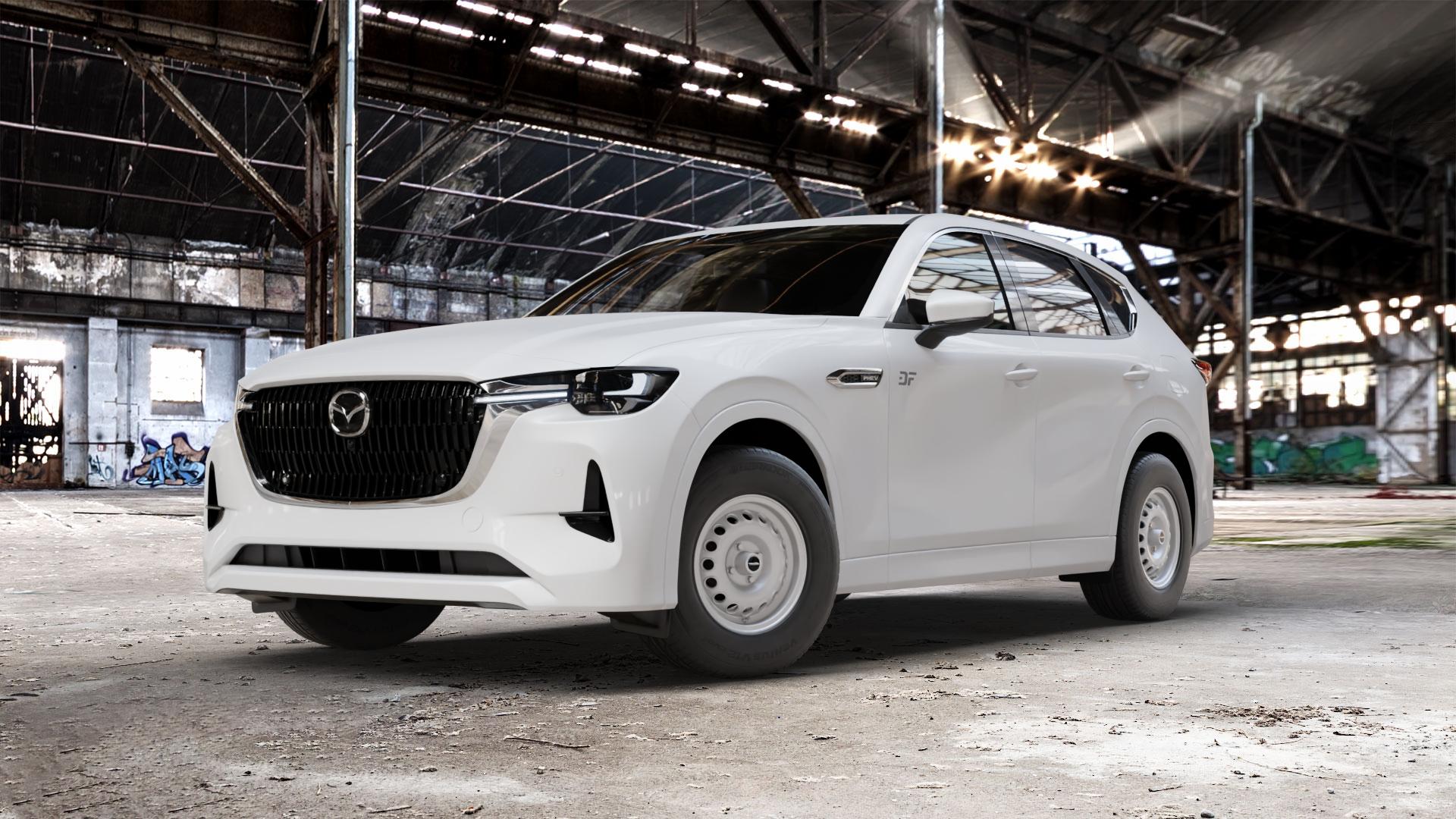 Maxilite GTA Style silber Felge mit Reifen in 15Zoll Winterfelge Alufelge auf weissem Mazda CX-60 Typ KH01 ⬇️ mit 15mm Tieferlegung ⬇️ Old Industrial Hall_max_5300mm_2024 Frontansicht_1