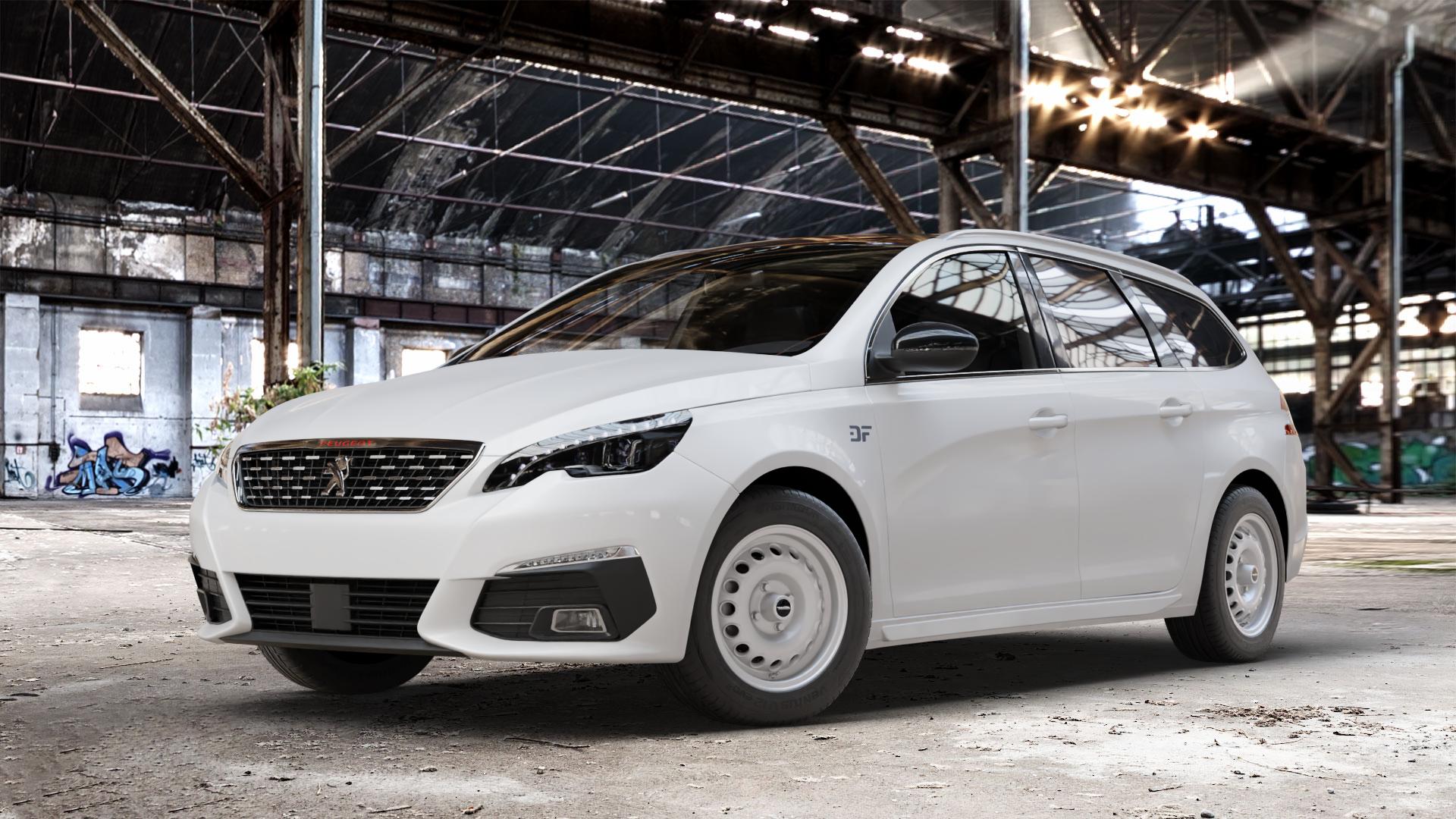 Maxilite GTA Style silber Felge mit Reifen in 15Zoll Winterfelge Alufelge auf weissem Peugeot 308 SW II Typ L Facelift ⬇️ mit 15mm Tieferlegung ⬇️ Old Industrial Hall_max_4400mm_2024 Frontansicht_1