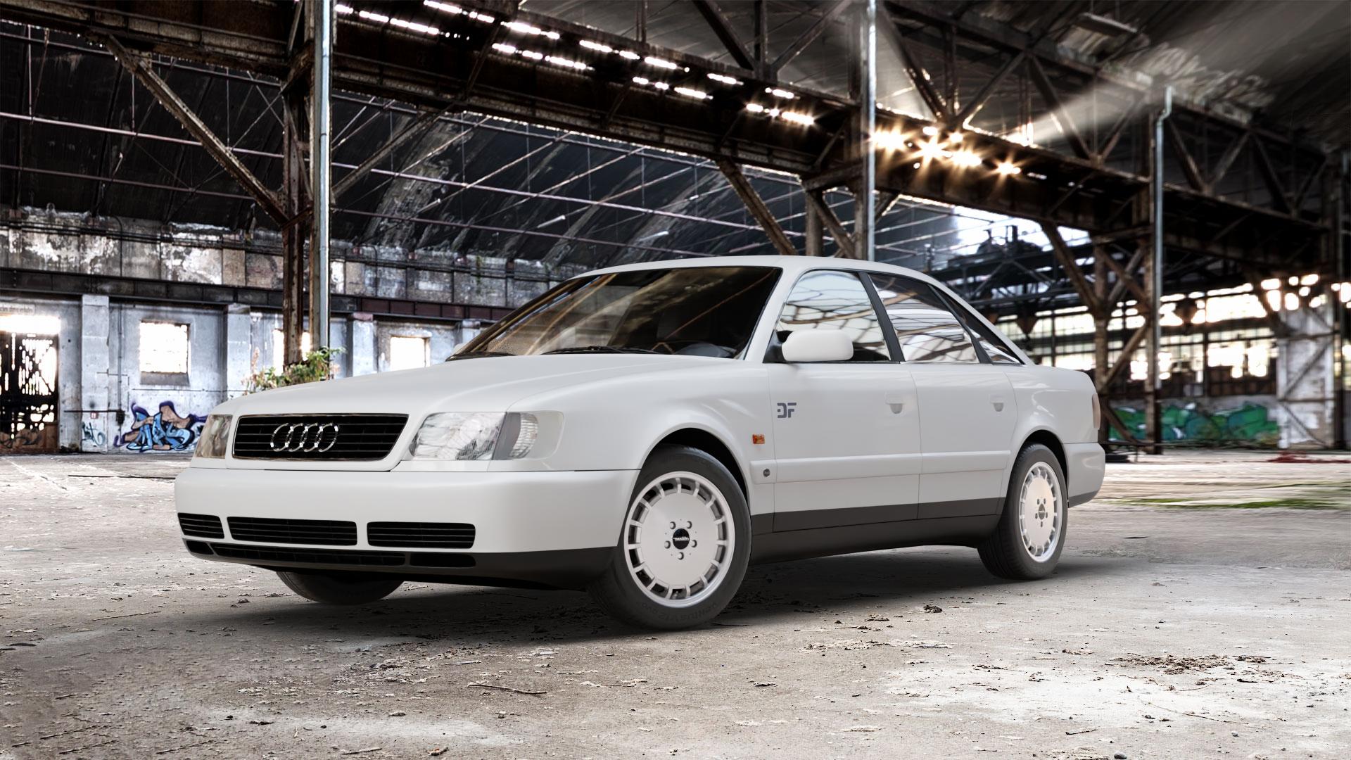Maxilite Gulli Style silber Felge mit Reifen in 16Zoll Alufelge auf weissem Audi 100 Typ C4 (Limousine) A6 4A/C4 ⬇️ mit 15mm Tieferlegung ⬇️ Old Industrial Hall_max_5300mm_2024 Frontansicht_1