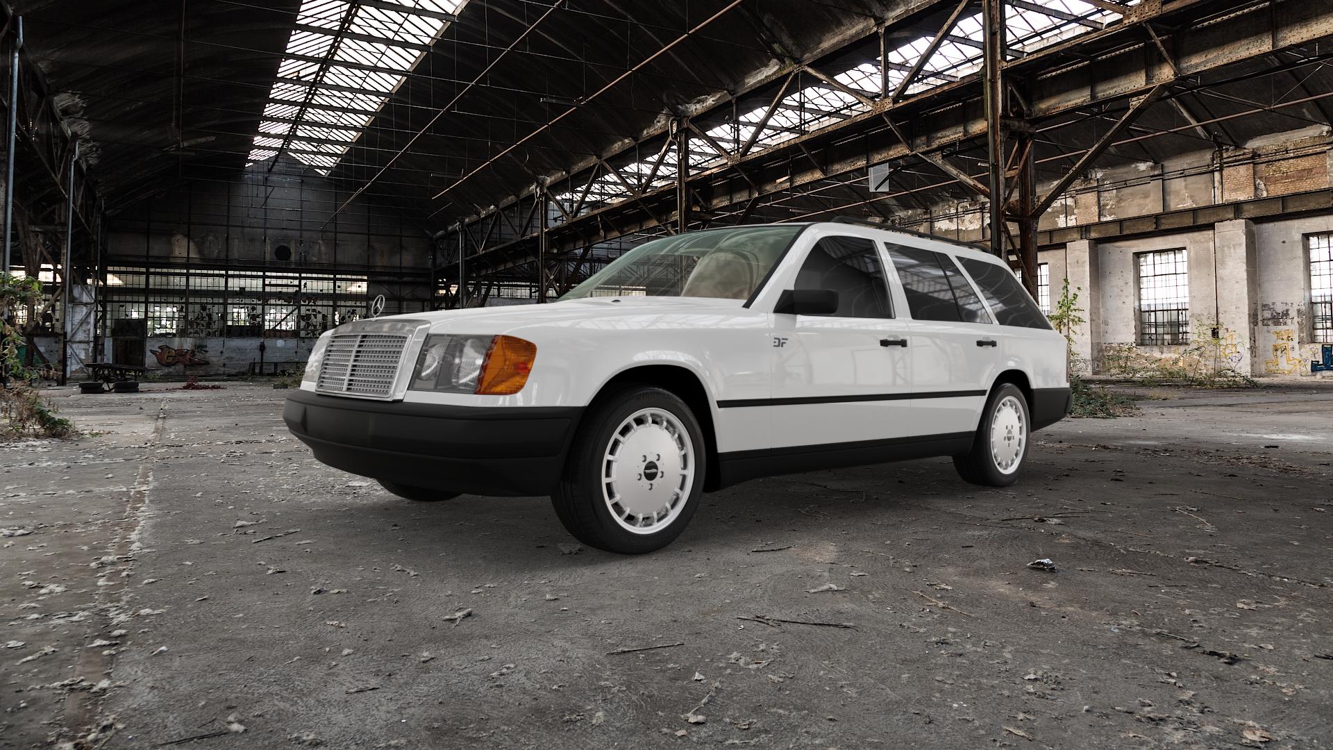 Maxilite Gulli Style silber Felge mit Reifen in 16Zoll Alufelge auf weissem Mercedes E-Klasse Typ S124 Kombi ⬇️ mit 15mm Tieferlegung ⬇️ Old Industrial Hall_max5000mm_2022 Frontansicht_1