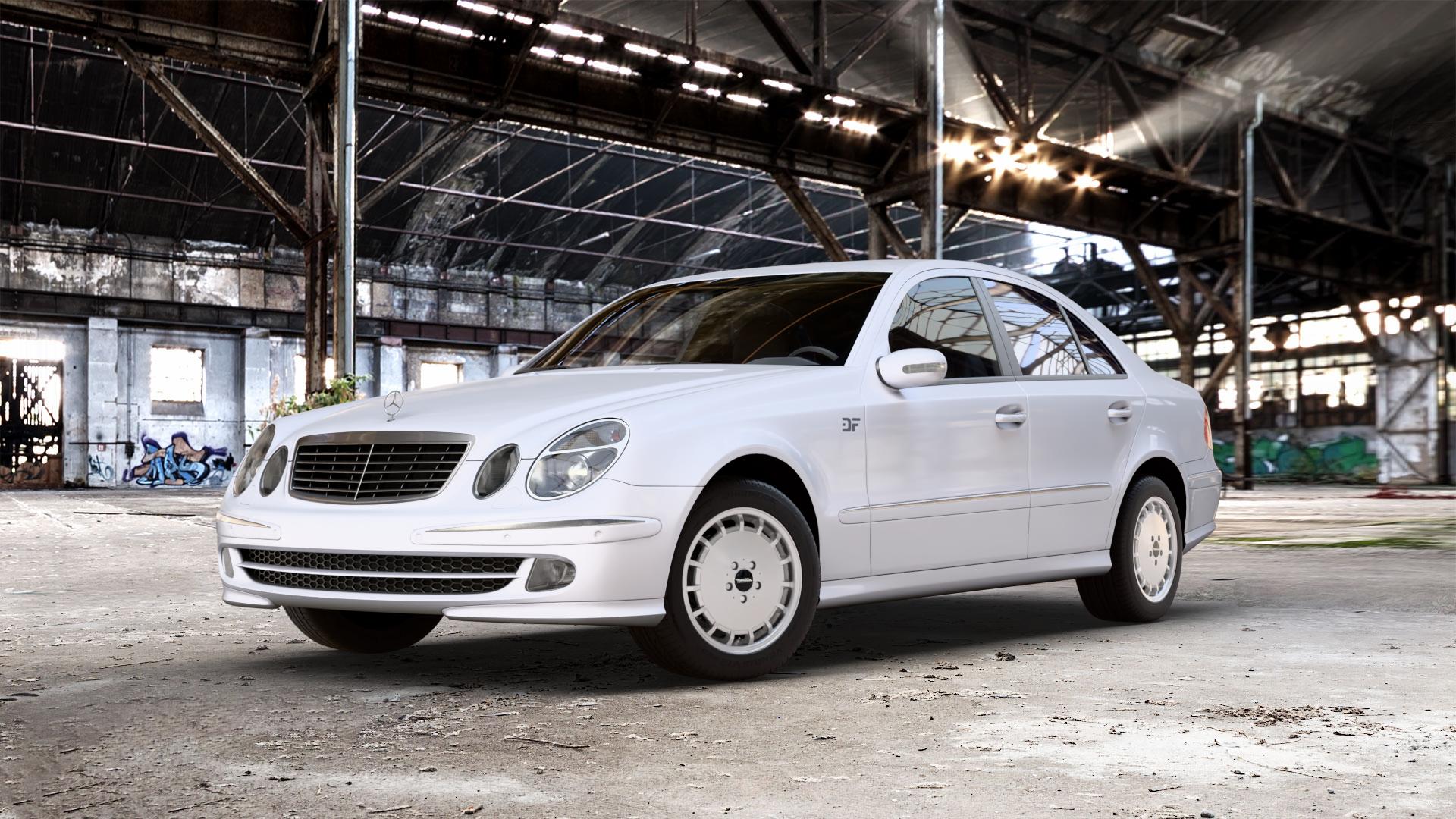 Maxilite Gulli Style silber Felge mit Reifen in 16Zoll Alufelge auf weissem Mercedes E-Klasse Typ W211 Limousine ⬇️ mit 15mm Tieferlegung ⬇️ Old Industrial Hall_max_5300mm_2024 Frontansicht_1