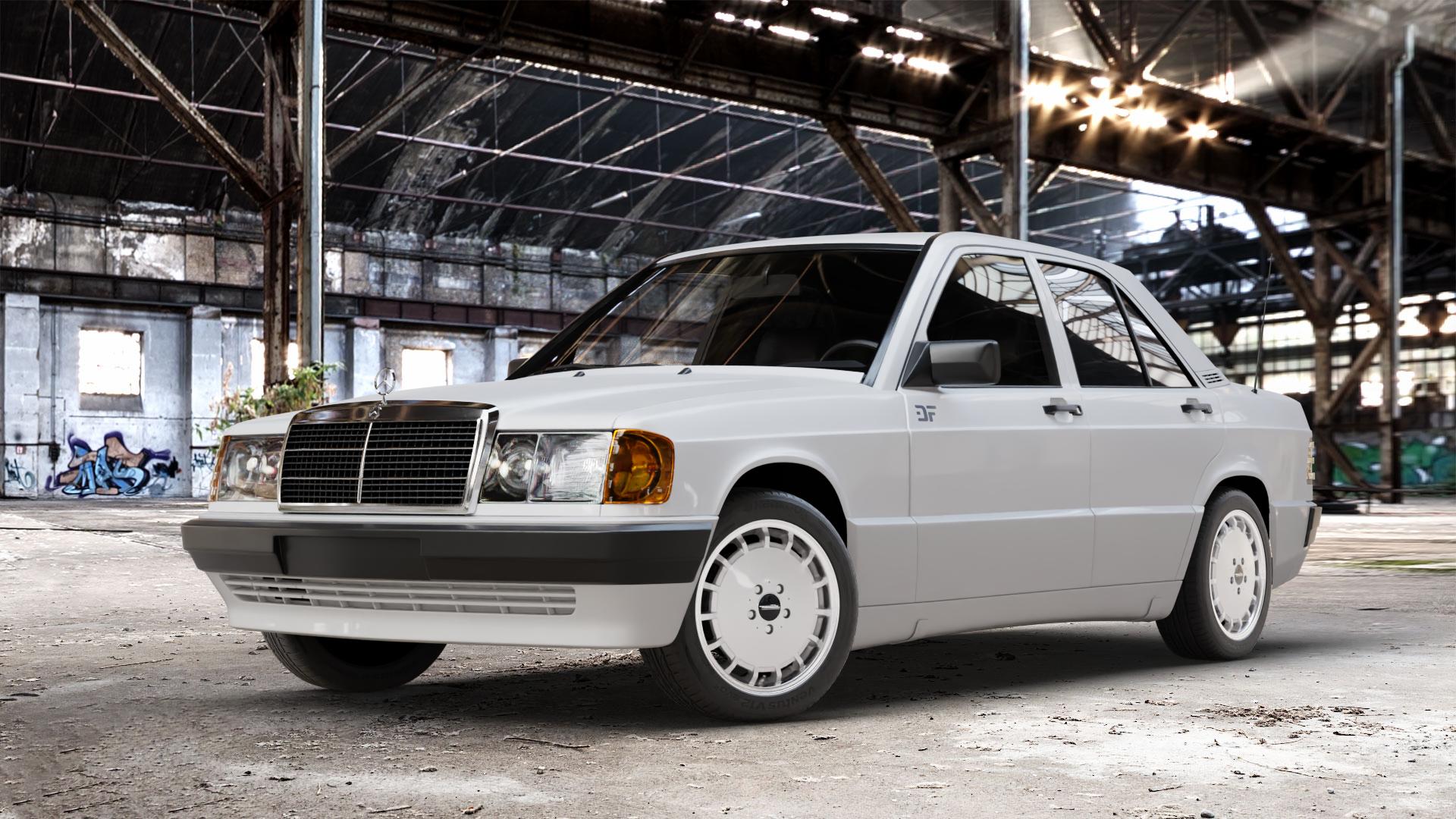 Maxilite Gulli Style silber/glanzgedreht Felge mit Reifen in 16Zoll Alufelge auf weissem Mercedes 190 Typ W201 190er ⬇️ mit 15mm Tieferlegung ⬇️ Old Industrial Hall_max_4400mm_2024 Frontansicht_1
