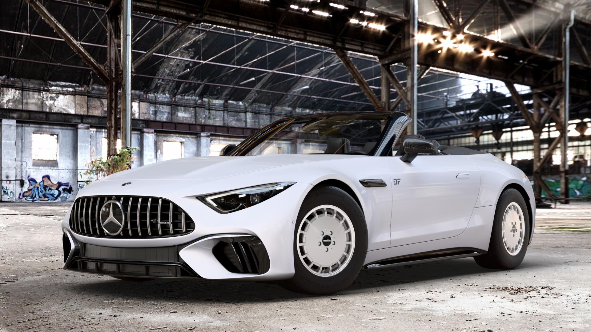 Maxilite Gulli Style silber/glanzgedreht Felge mit Reifen in 16Zoll Alufelge auf weissem Mercedes SL Typ R232 2,0l 43 280kW Mild-Hybrid (381 PS) 4,0l 55 4MATIC+ 350kW (476 63 430kW (585 ⬇️ mit 15mm Tieferlegung ⬇️ Old Industrial Hall_max_4400mm_2024 Frontansicht_1