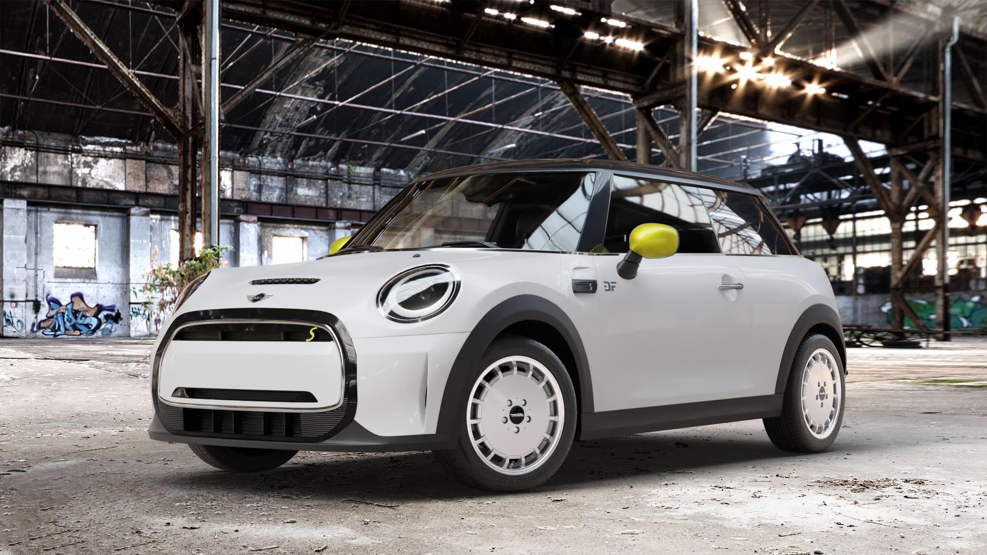 Maxilite Gulli Style silber/glanzgedreht Felge mit Reifen in 16Zoll Alufelge auf weissem Mini F56 Typ FML2E (3-Türer Limousine) Facelift 21-> Limousine ⬇️ mit 15mm Tieferlegung ⬇️ Old Industrial Hall_max_4400mm_2024 Frontansicht_1