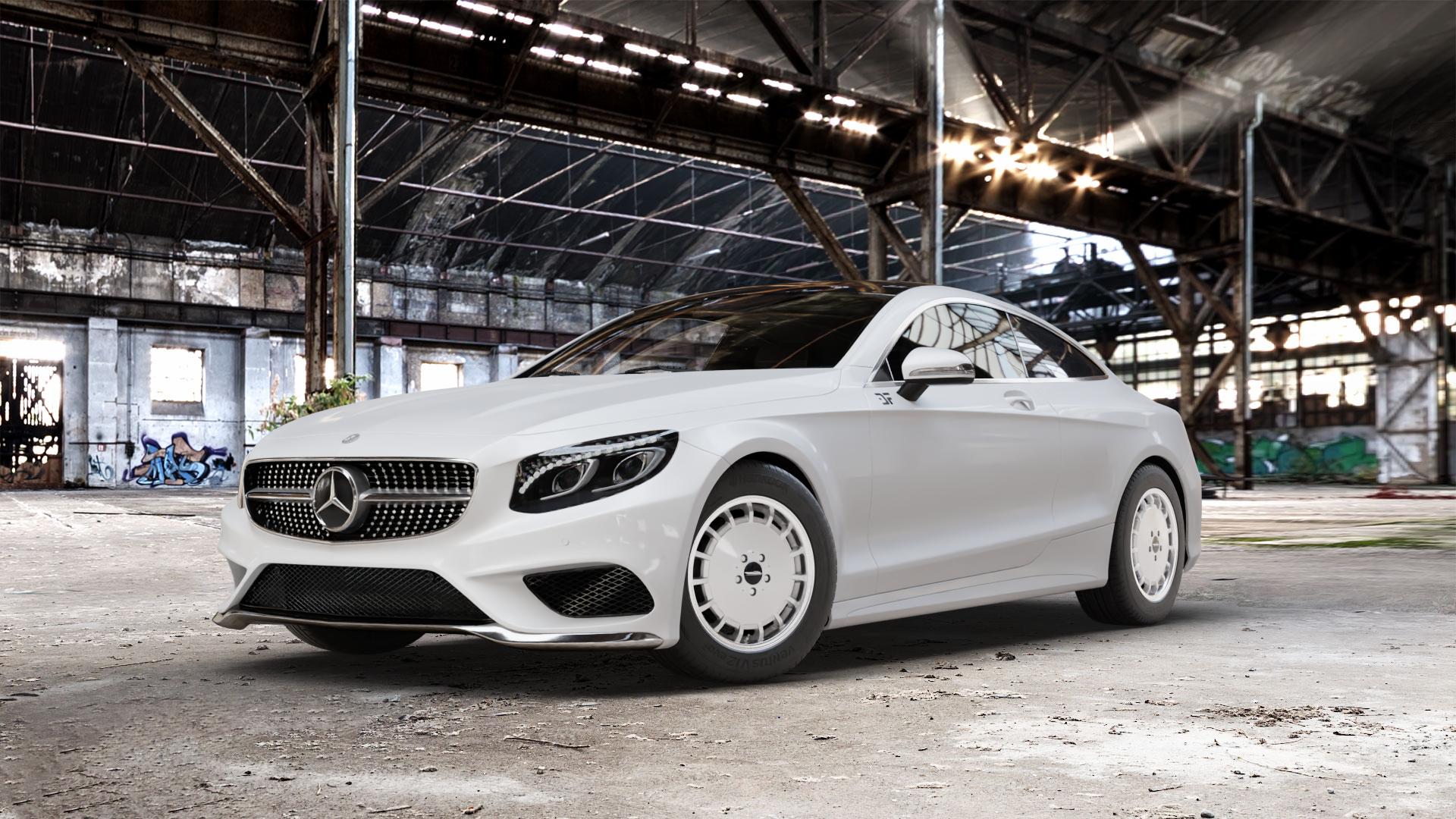 Maxilite Gulli Style silber/glanzgedreht Felge mit Reifen in 17Zoll Alufelge auf weissem Mercedes S-Klasse Typ C217 Facelift Coupe ⬇️ mit 15mm Tieferlegung ⬇️ Old Industrial Hall_max_5300mm_2024 Frontansicht_1