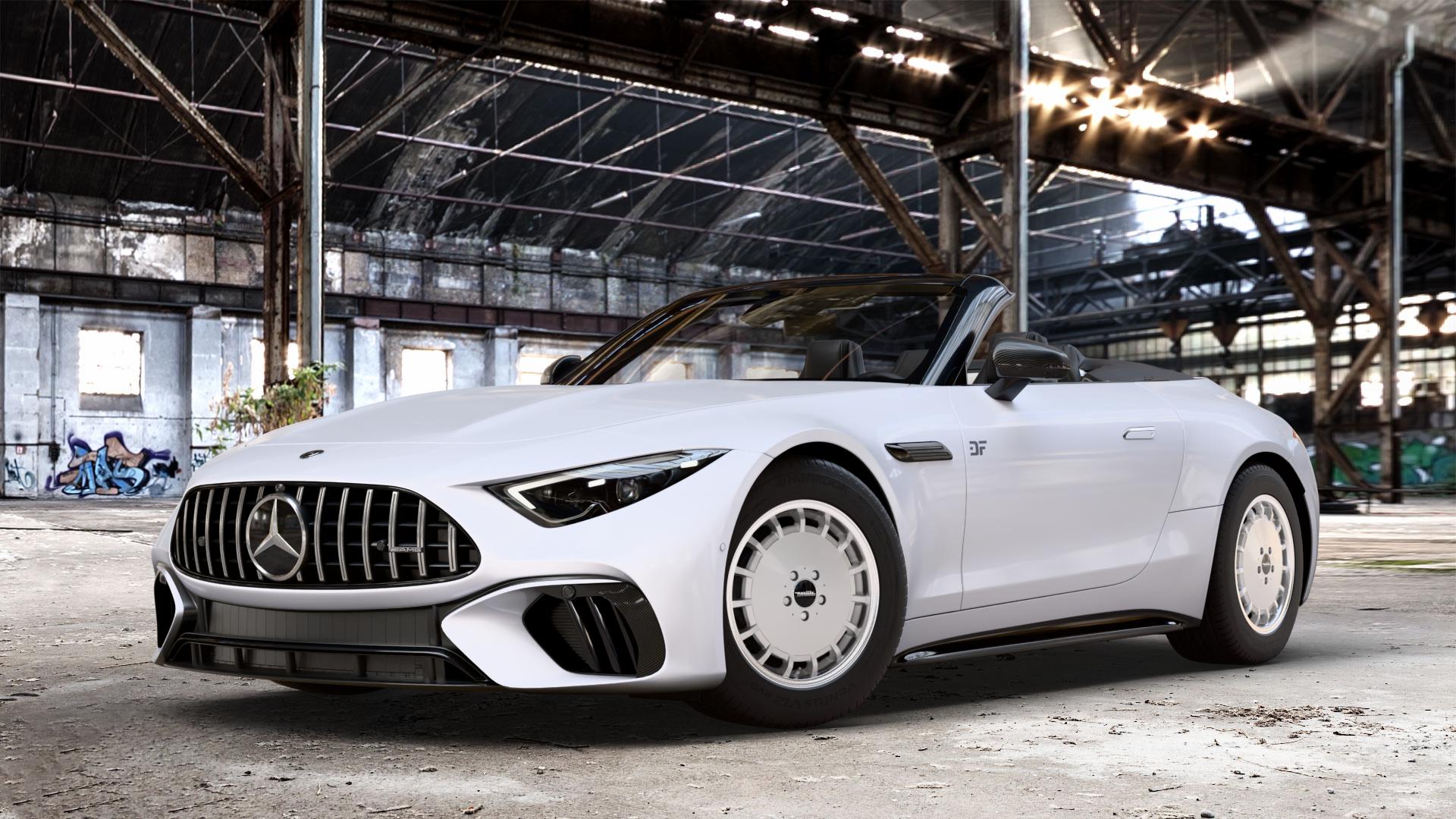 Maxilite Gulli Style silber/glanzgedreht Felge mit Reifen in 17Zoll Alufelge auf weissem Mercedes SL Typ R232 2,0l 43 280kW Mild-Hybrid (381 PS) 4,0l 55 4MATIC+ 350kW (476 63 430kW (585 ⬇️ mit 15mm Tieferlegung ⬇️ Old Industrial Hall_max_4400mm_2024 Frontansicht_1
