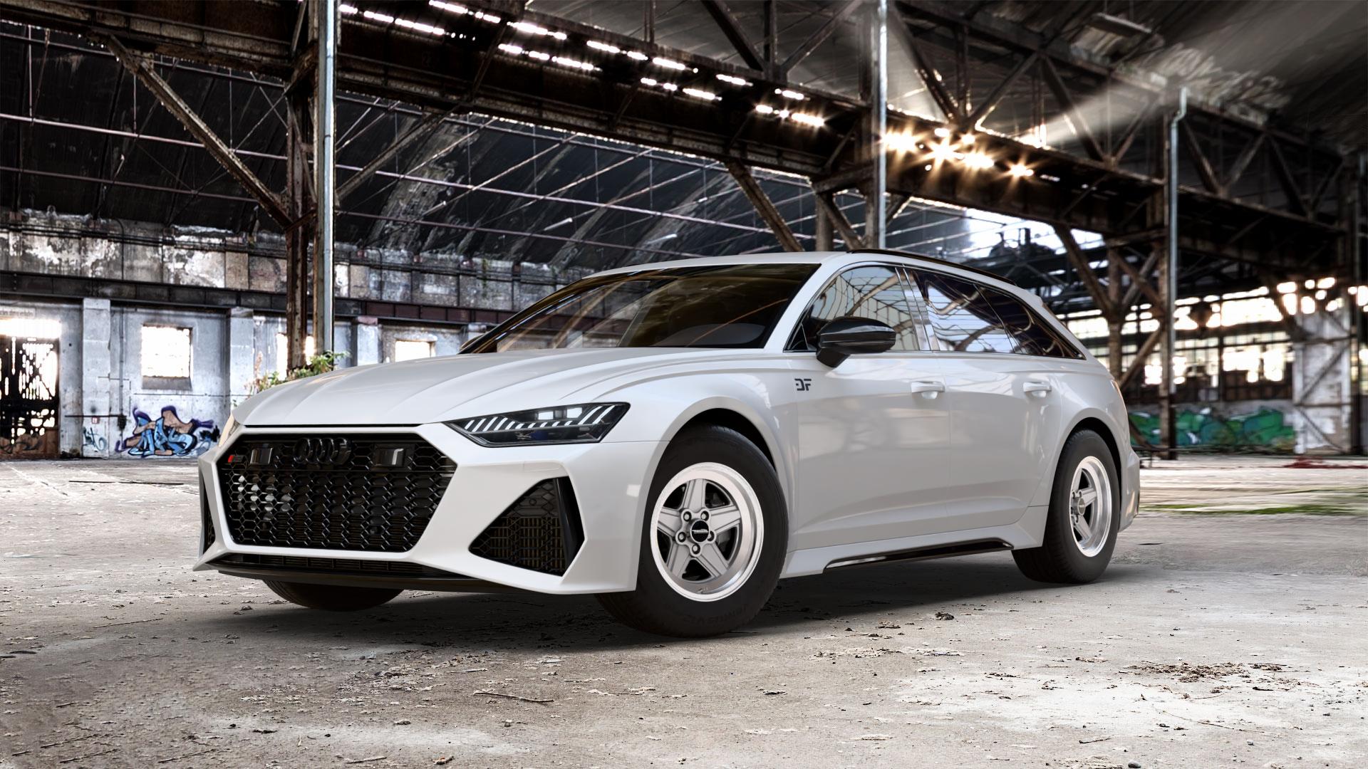 Maxilite Penta Style silber/glanzgedreht Felge mit Reifen in 16Zoll Alufelge auf weissem Audi A6 Typ F2/C8 (Avant) 4,0l RS6 TFSI quattro 441kW (600 PS) Mild-Hybrid Performance 463kW (630 ⬇️ mit 15mm Tieferlegung ⬇️ Old Industrial Hall_max_5300mm_2024 Frontansicht_1