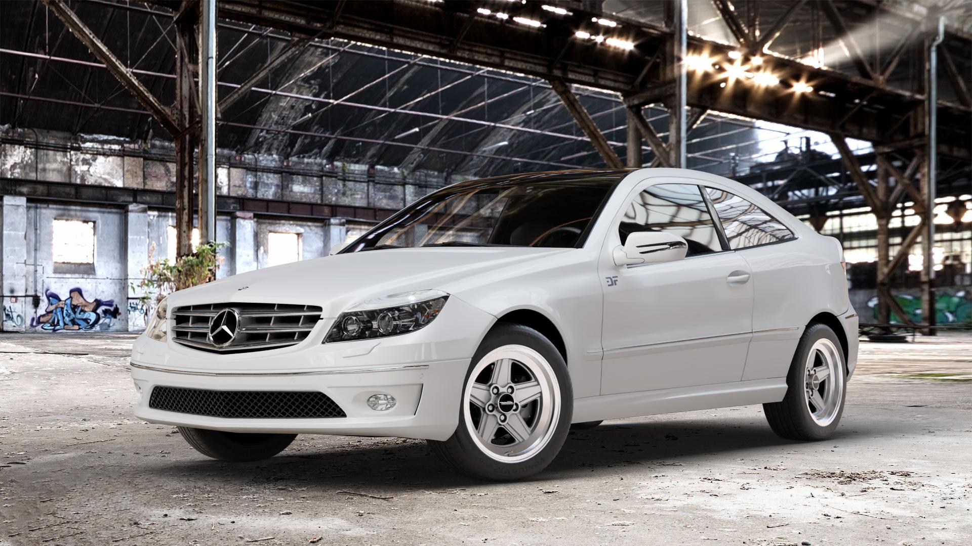 Maxilite Penta Style silber/glanzgedreht Felge mit Reifen in 16Zoll Alufelge auf weissem Mercedes C-Klasse Typ CL203 Coupe CLC-Klasse ⬇️ mit 15mm Tieferlegung ⬇️ Old Industrial Hall_max_4400mm_2024 Frontansicht_1