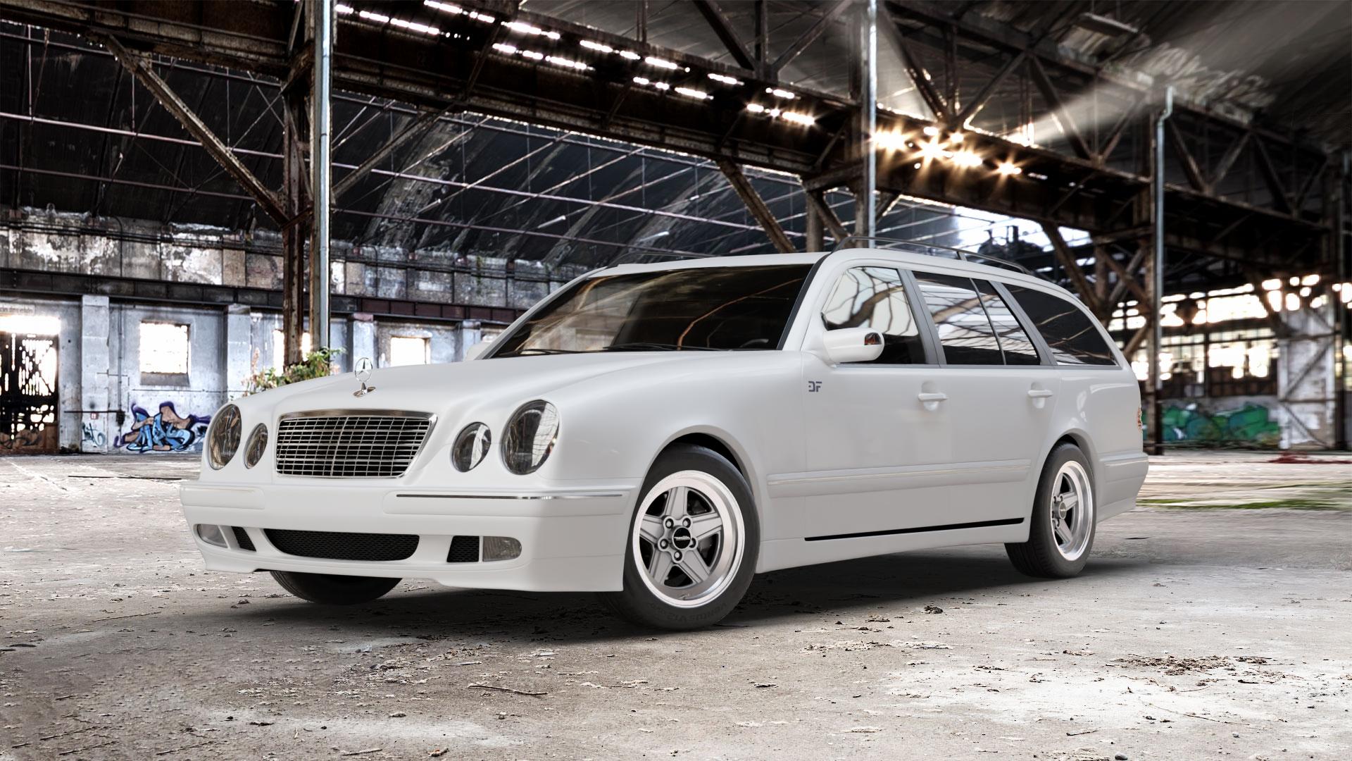 Maxilite Penta Style silber/glanzgedreht Felge mit Reifen in 16Zoll Alufelge auf weissem Mercedes E-Klasse Typ S210 Kombi ⬇️ mit 15mm Tieferlegung ⬇️ Old Industrial Hall_max_5300mm_2024 Frontansicht_1